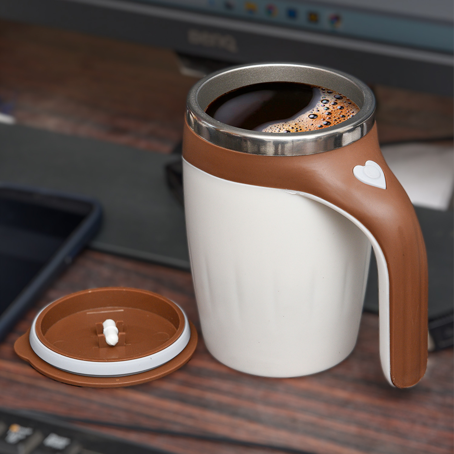 Kuber Industries Stirring Coffee Mug | Magnetic Stirring Coffee Cup | Stainless Steel Mug for Milk | Travel Mixing Cup | Self Stirring Coffee Mug | Battery Operated | 380 ML | Brown