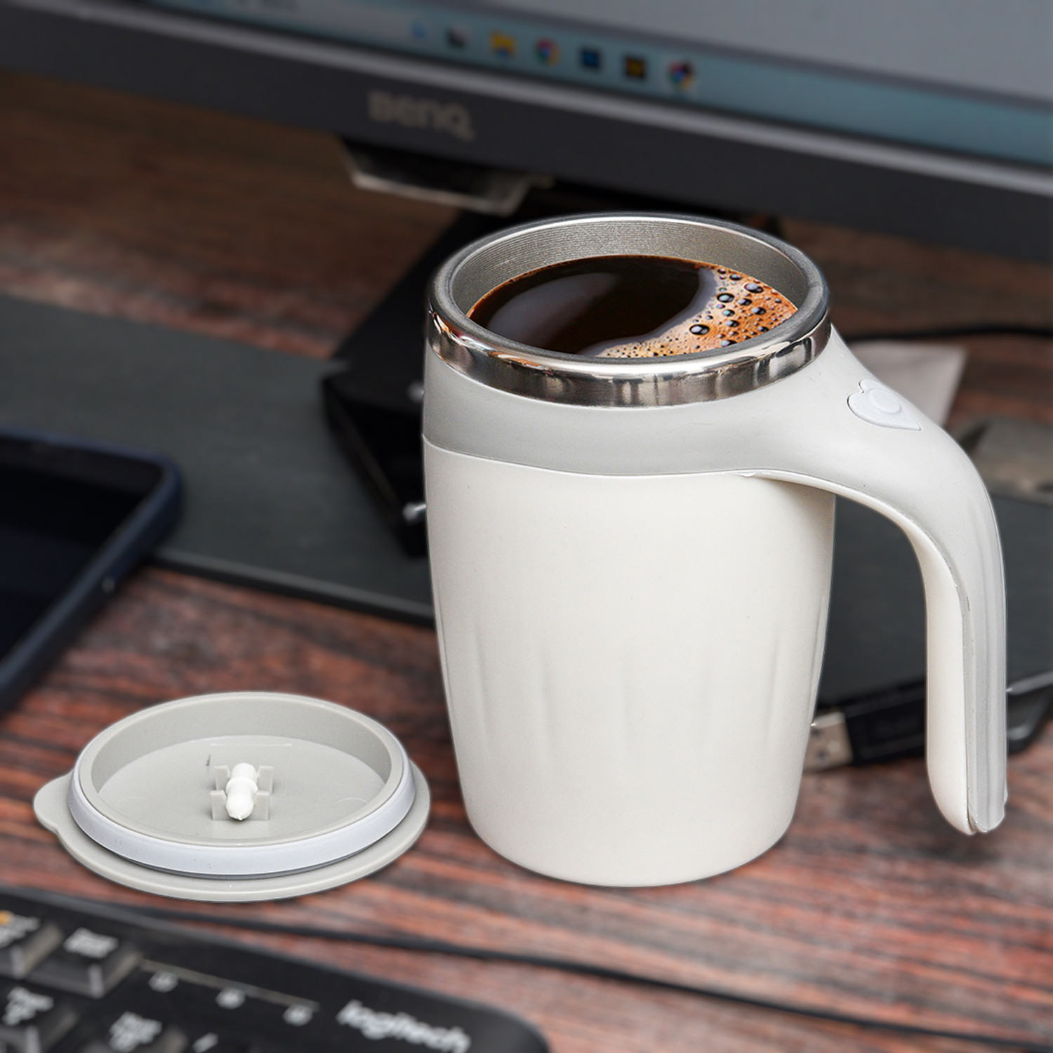 Kuber Industries Stirring Coffee Mug | Magnetic Stirring Coffee Cup | Stainless Steel Mug for Milk | Travel Mixing Cup | Self Stirring Coffee Mug | Battery Operated | 380 ML | Gray