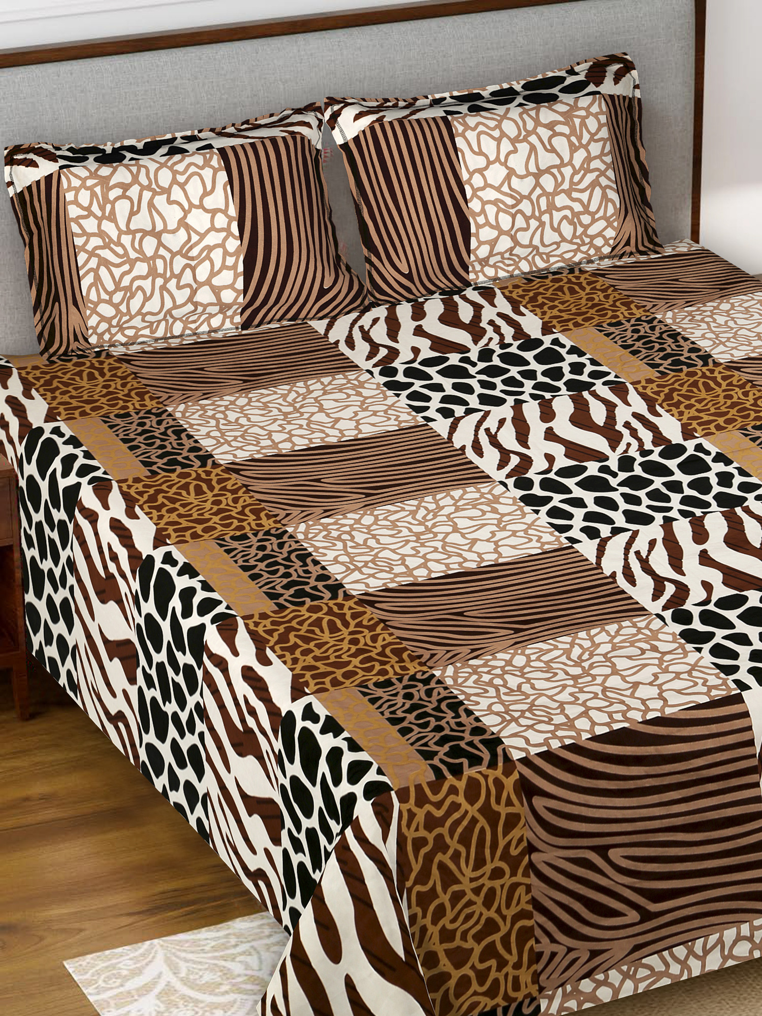 Kuber Industries Stone Print Glace Cotton 144 TC King Size Double Bedsheet with 2 Pillow Covers (Black & Brown)