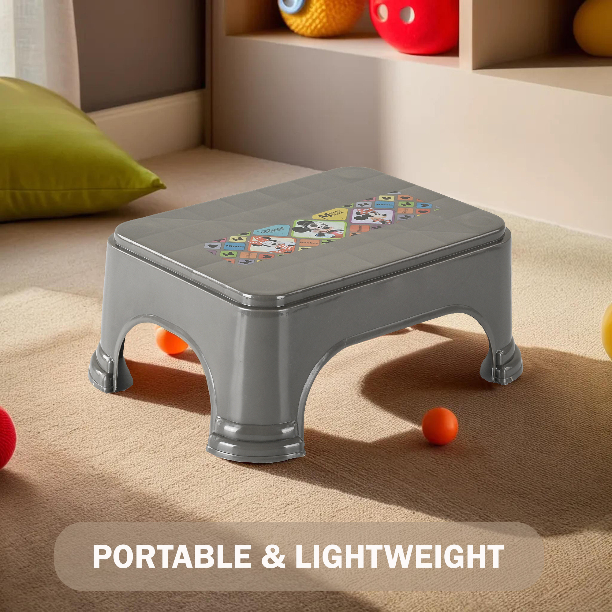 Kuber Industries Stool  Check Disney  Square Stool for Home Use  Plastic Stool for Bathroom  Kitchen Stool  Bath Stools  Sitting Patla  Support Stool for Bathroom  P6  Grey