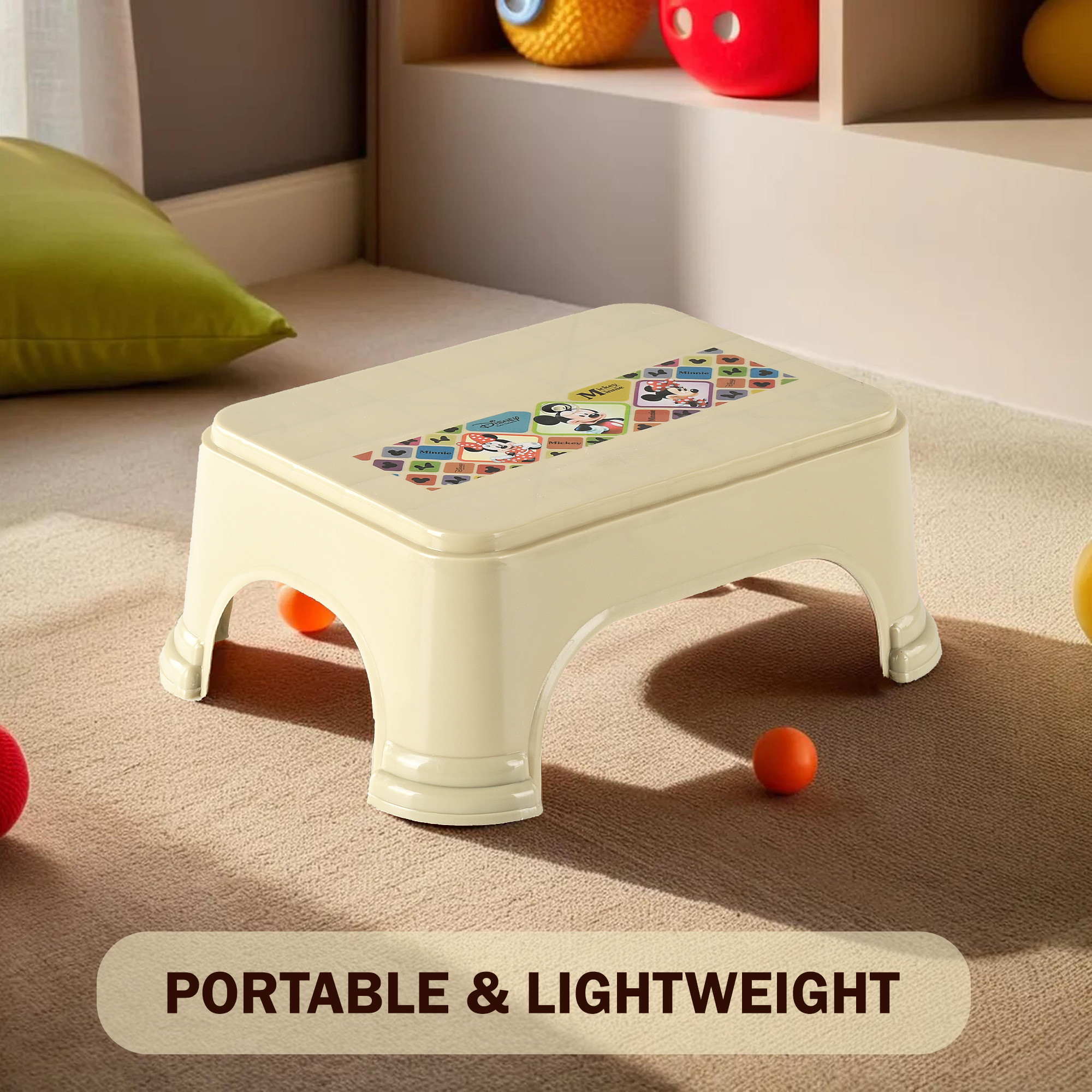 Kuber Industries Stool  Check Disney  Square Stool for Home Use  Plastic Stool for Bathroom  Kitchen Stool  Bath Stools  Sitting Patla  Support Stool for Bathroom  P6  Beige