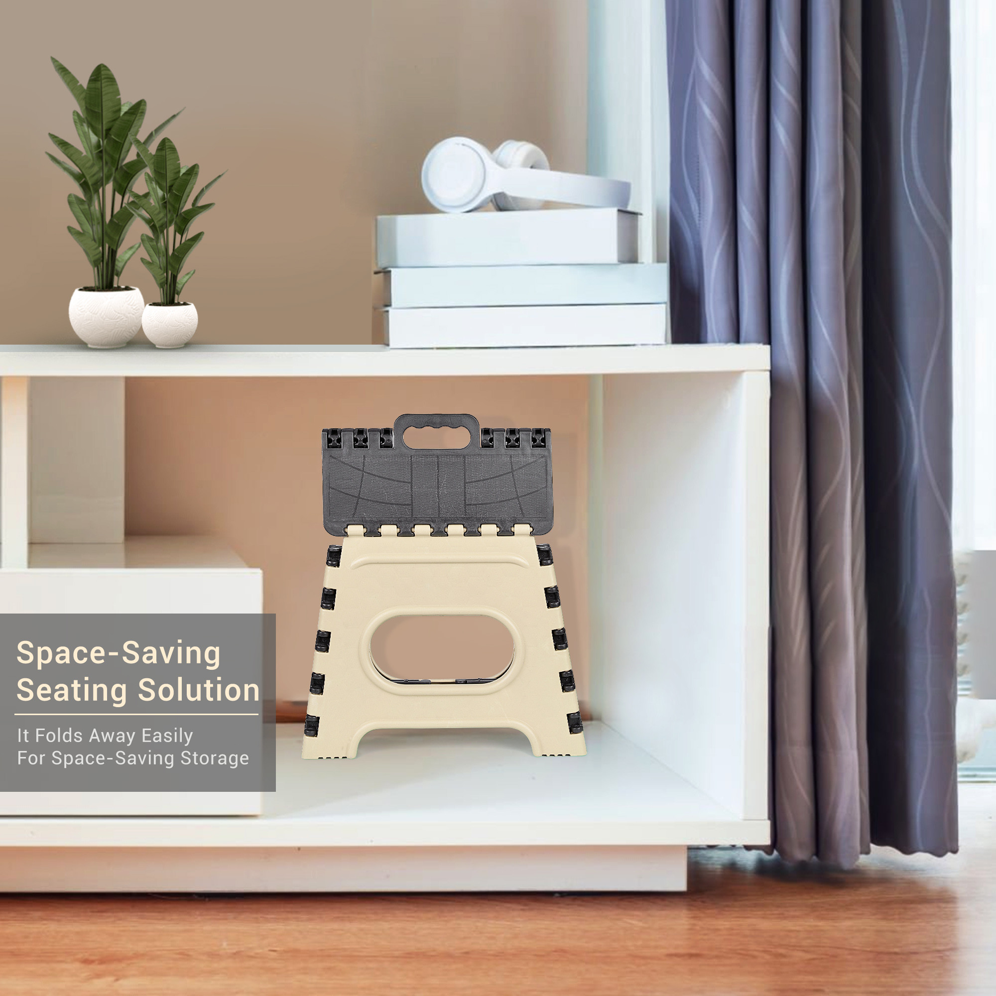 Kuber Industries Stool  Foldable Stool  Collapsible Camping Chair  Stool for Outdoor-Fishing-Hiking-Gardening-Travel  Portable Stool  Multipurpose Sitting Stool  Small  Cream  Black