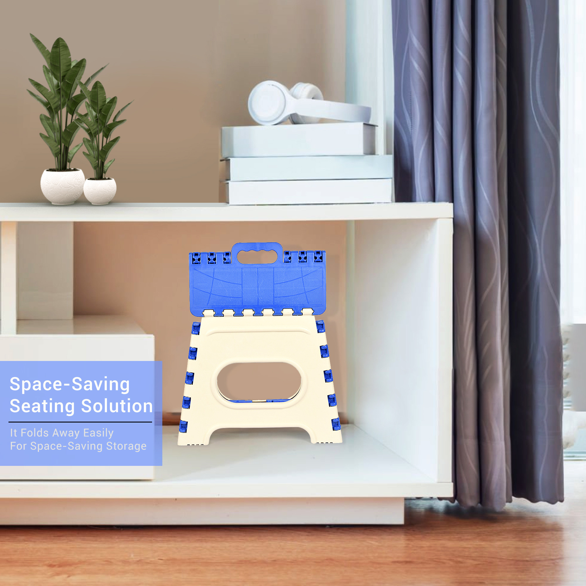 Kuber Industries Stool  Foldable Stool  Collapsible Camping Chair  Stool for Outdoor-Fishing-Hiking-Gardening-Travel  Portable Stool  Multipurpose Sitting Stool  Small  Cream  Blue