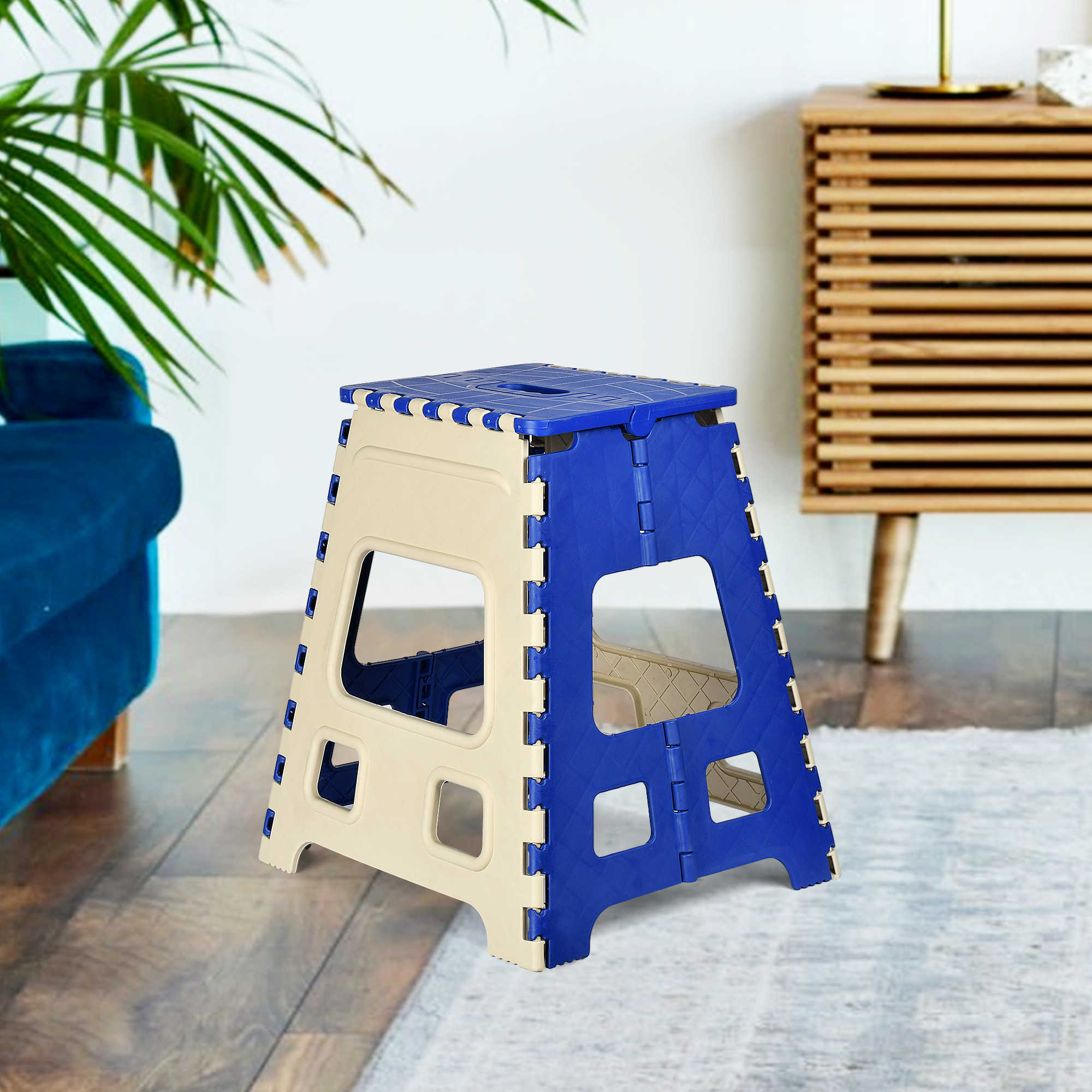 Kuber Industries Stool | Foldable Stool | Collapsible Camping Chair | Stool for Outdoor-Fishing-Hiking-Gardening-Travel | Portable Stool | Multipurpose Sitting Stool | Large | Cream & Blue