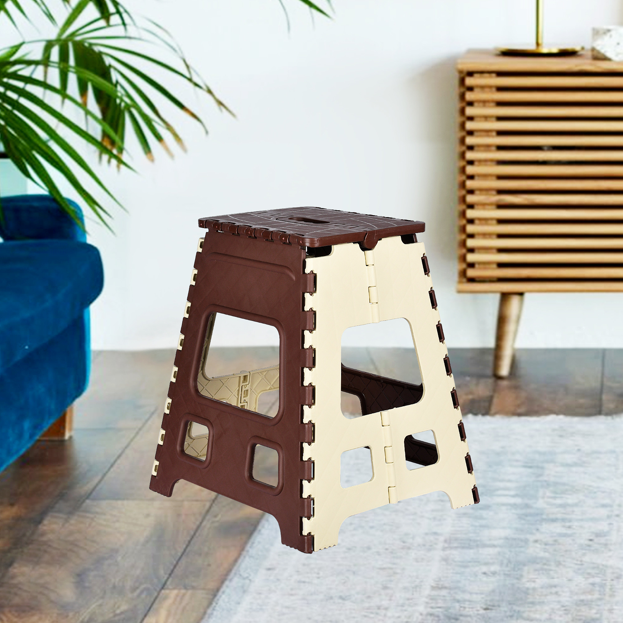 Kuber Industries Stool | Foldable Stool | Collapsible Camping Chair | Stool for Outdoor-Fishing-Hiking-Gardening-Travel | Portable Stool | Multipurpose Sitting Stool | Large | Cream & Brown