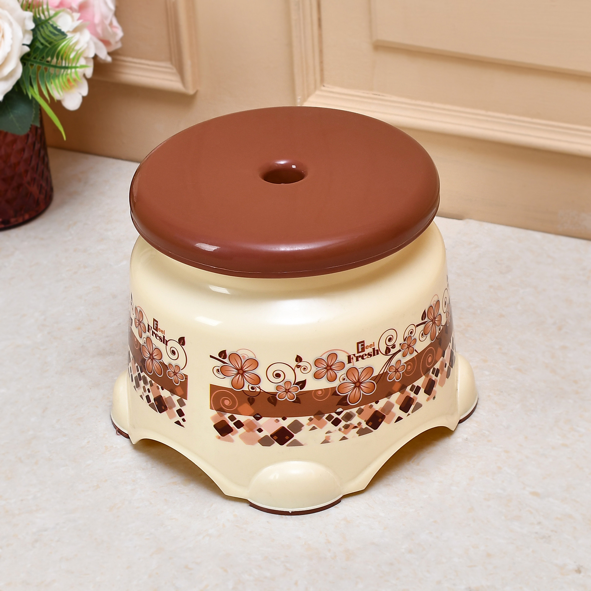 Kuber Industries Stool | Stool for Bedroom | Stool for Bathroom | Stool for Kitchen | Sitting Stool for Home | Patla Stool for outdoor & Indoor | Dream Z | Cream & Brown