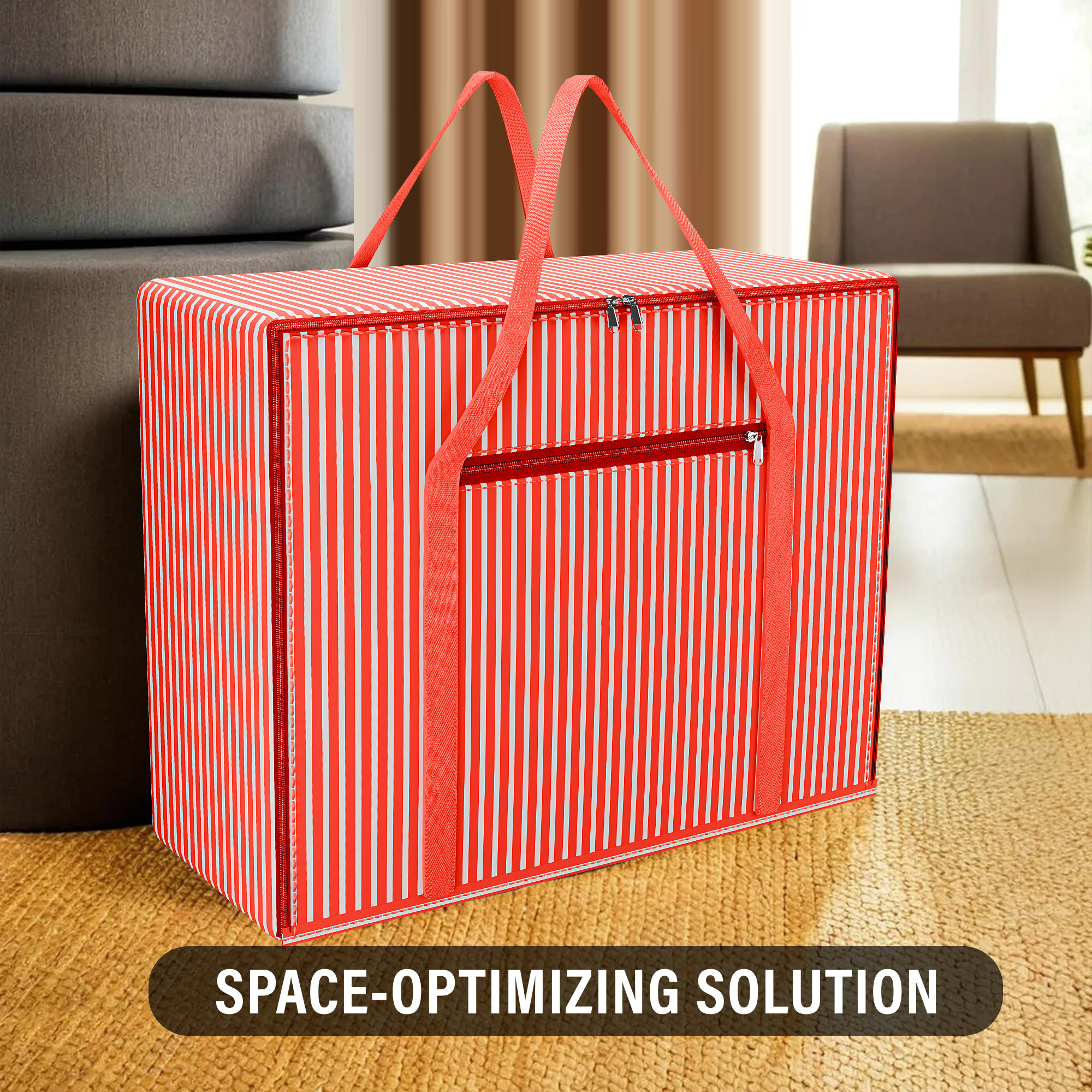 Kuber Industries Storage Bag  Closet Storage Bag  Blanket Cover Bag  Zipper Clothing Storage Bag  Front Pocket Bag with Handle  Jumbo Attachi Bag  Lining Design  Large  Red