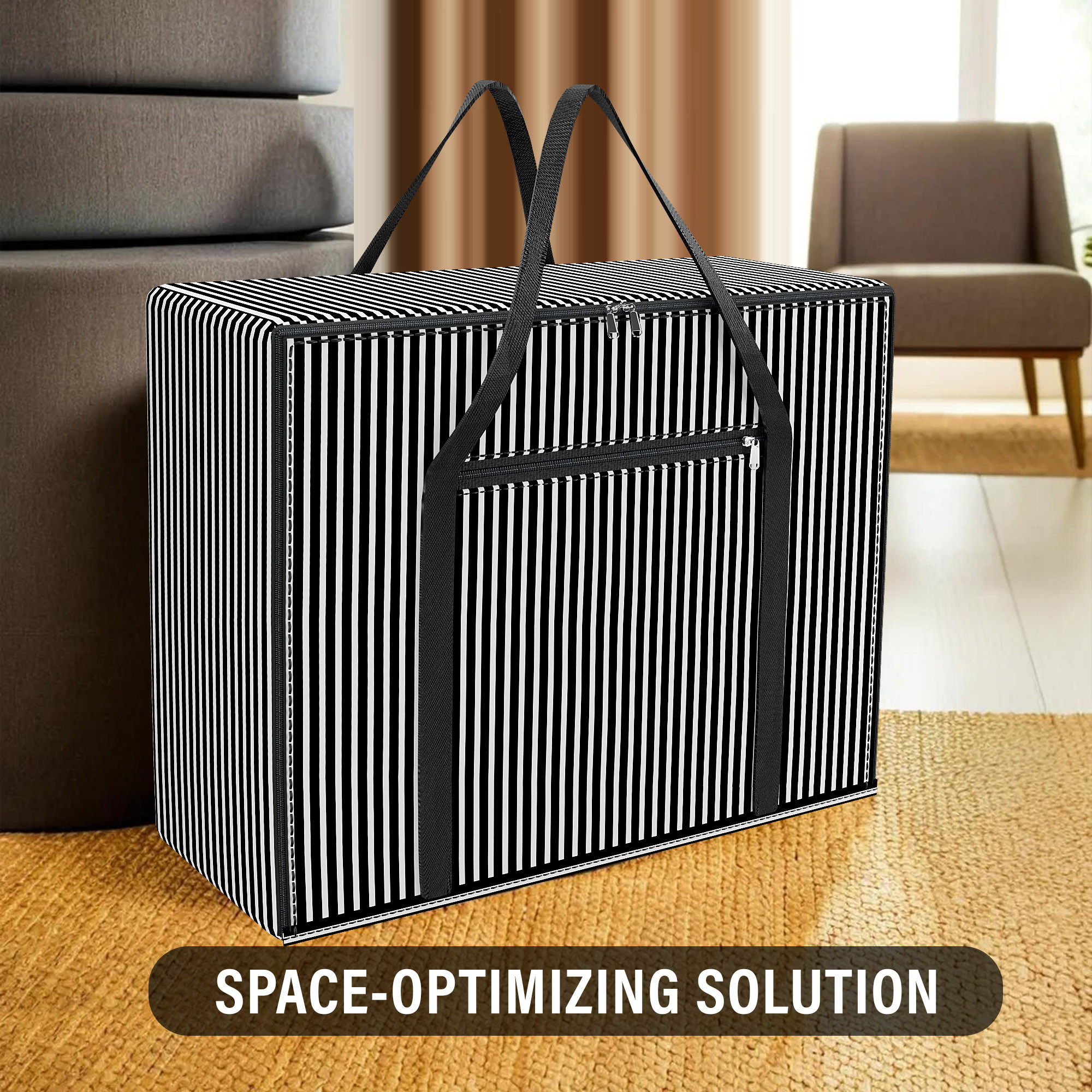 Kuber Industries Storage Bag  Closet Storage Bag  Blanket Cover Bag  Zipper Clothing Storage Bag  Front Pocket Bag with Handle  Jumbo Attachi Bag  Lining Design  Large  Black