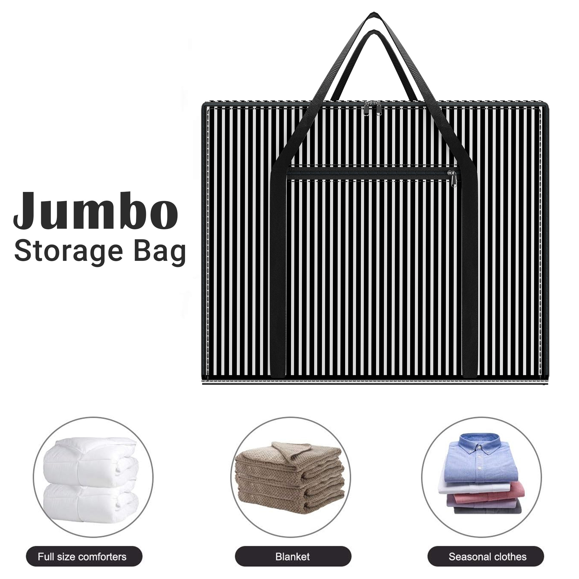 Kuber Industries Storage Bag  Closet Storage Bag  Blanket Cover Bag  Zipper Clothing Storage Bag  Front Pocket Bag with Handle  Jumbo Attachi Bag  Lining Design  Large  Black