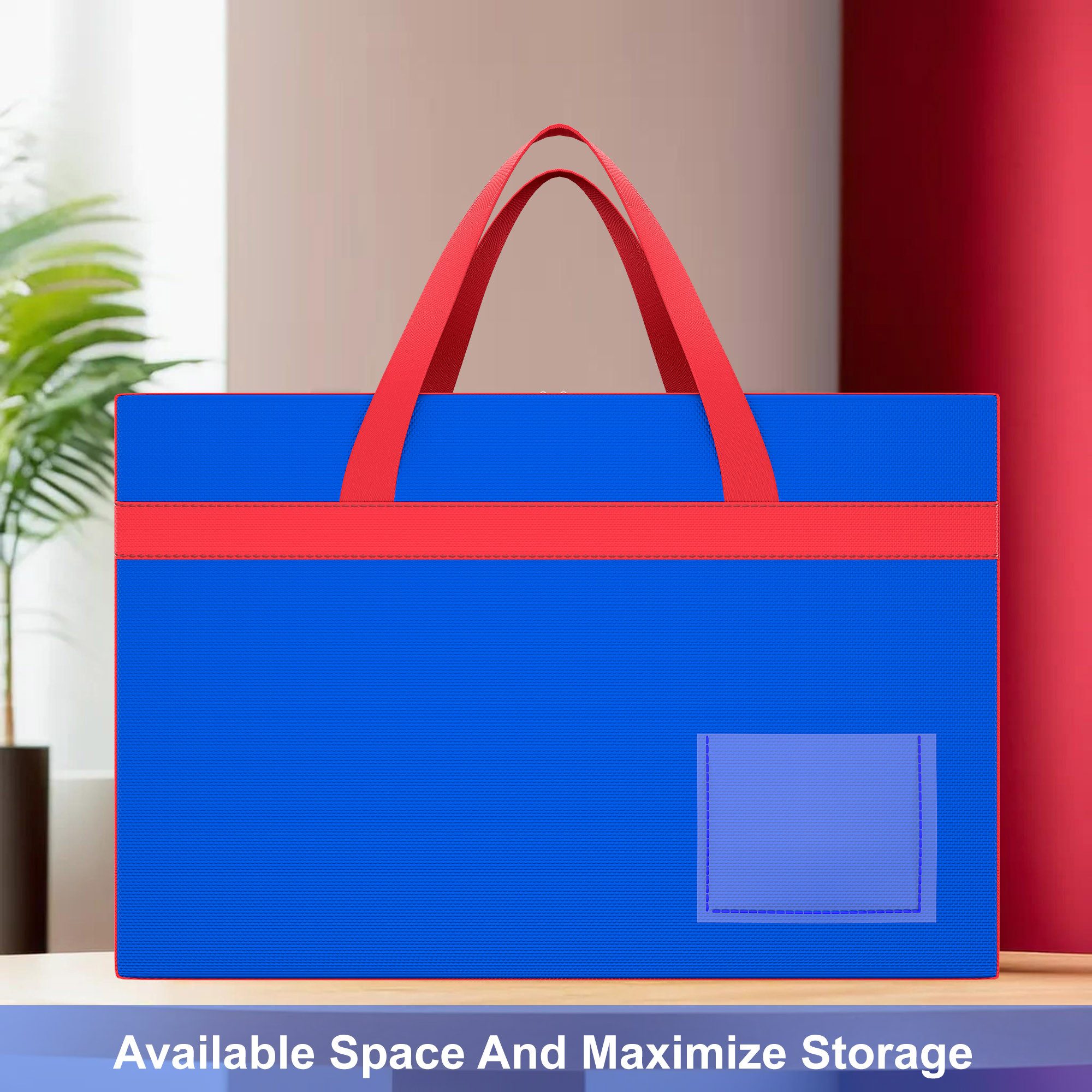 Kuber Industries Storage Bag  Clothes Organiser for Wardrobe  Foldable Underbed Storage Bag  Transparent Name Pocket  Waterproof Clothing-Bedding Bag  Red Patti  Blue