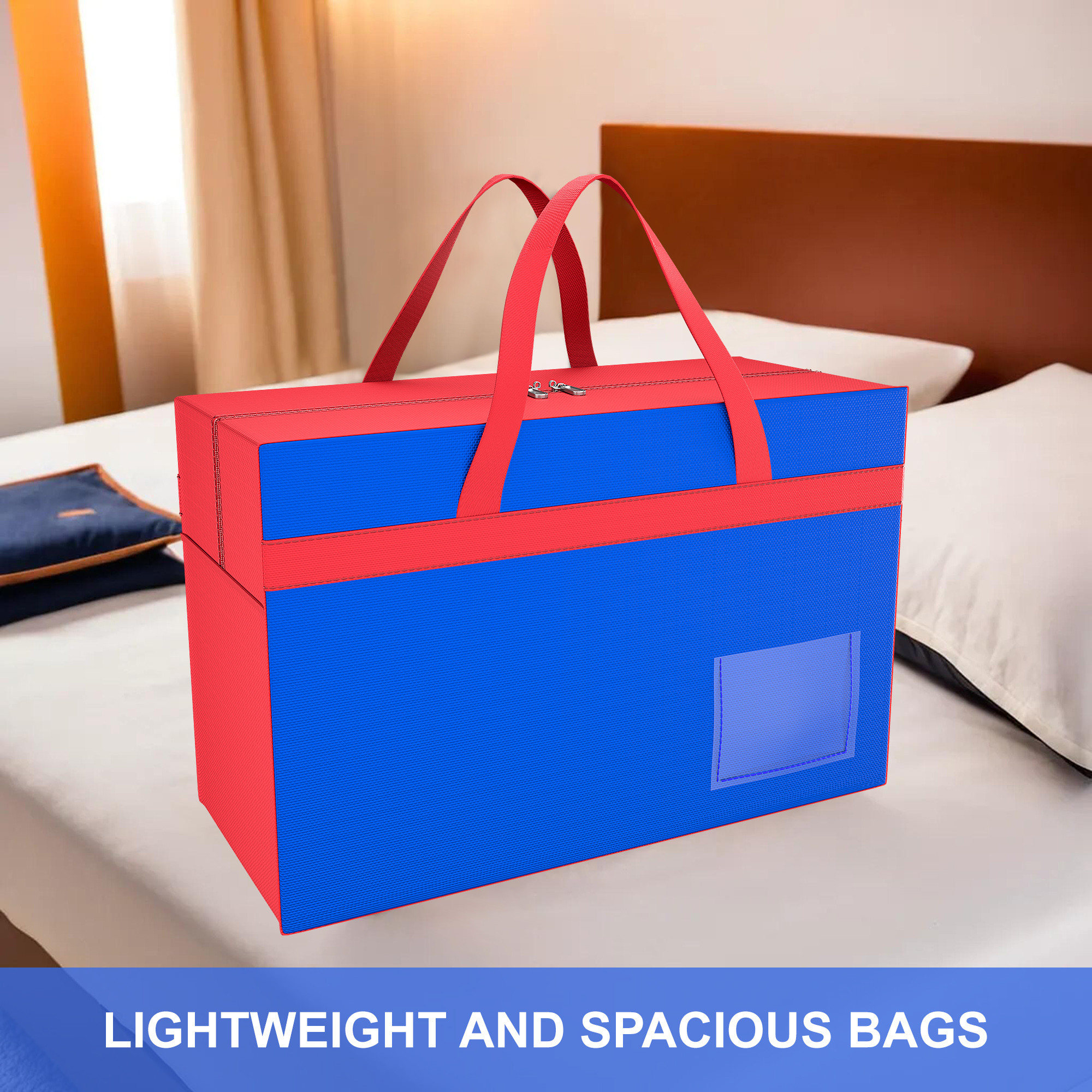 Kuber Industries Storage Bag  Clothes Organiser for Wardrobe  Foldable Underbed Storage Bag  Transparent Name Pocket  Waterproof Clothing-Bedding Bag  Red Patti  Blue