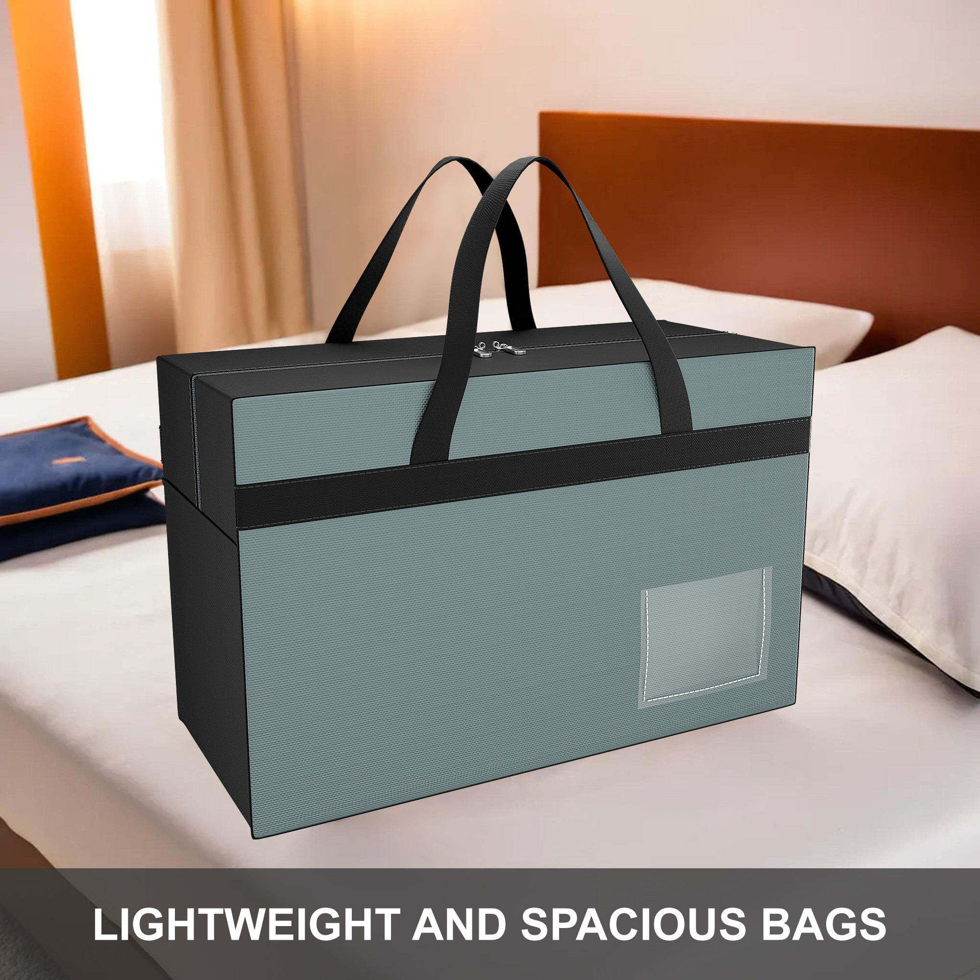 Kuber Industries Storage Bag  Clothes Organiser for Wardrobe  Foldable Underbed Storage Bag  Transparent Name Pocket  Waterproof Clothing-Bedding Bag  Black Patti  Grey