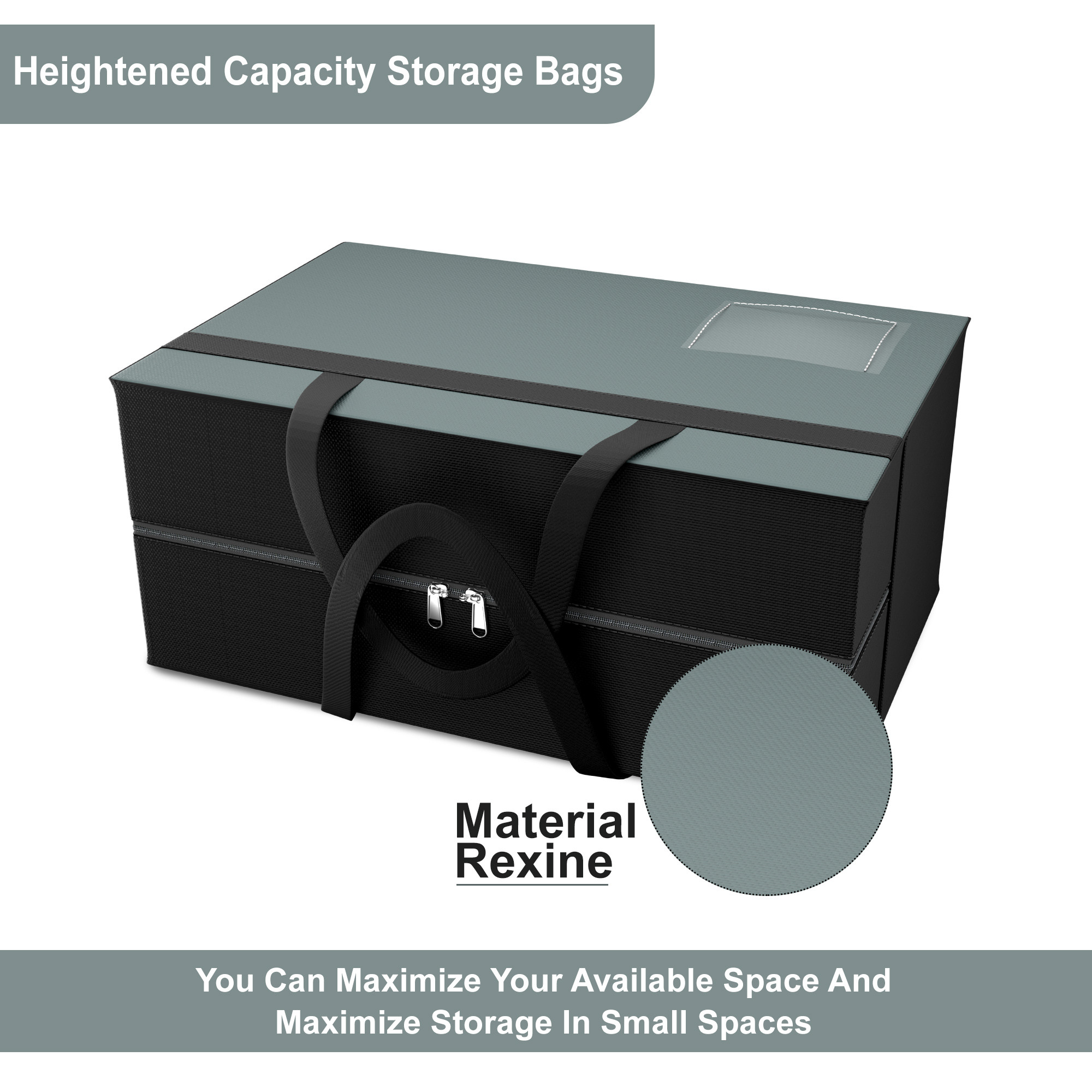 Kuber Industries Storage Bag  Clothes Organiser for Wardrobe  Foldable Underbed Storage Bag  Transparent Name Pocket  Waterproof Clothing-Bedding Bag  Black Patti  Grey