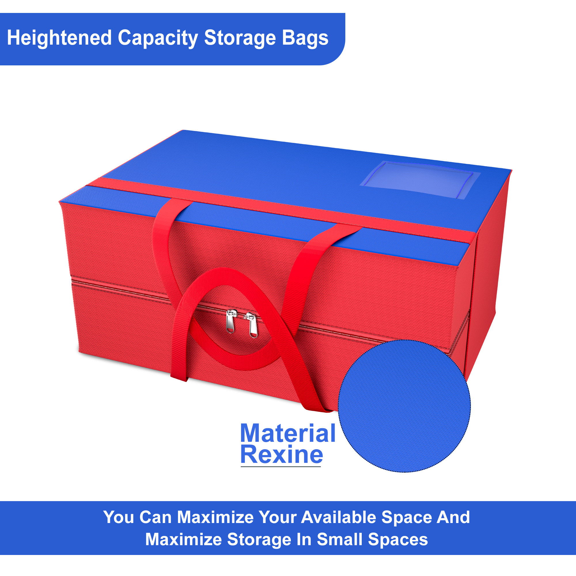 Kuber Industries Storage Bag  Clothes Organiser for Wardrobe  Foldable Underbed Storage Bag  Transparent Name Pocket  Waterproof Clothing-Bedding Bag  Red Patti  Blue