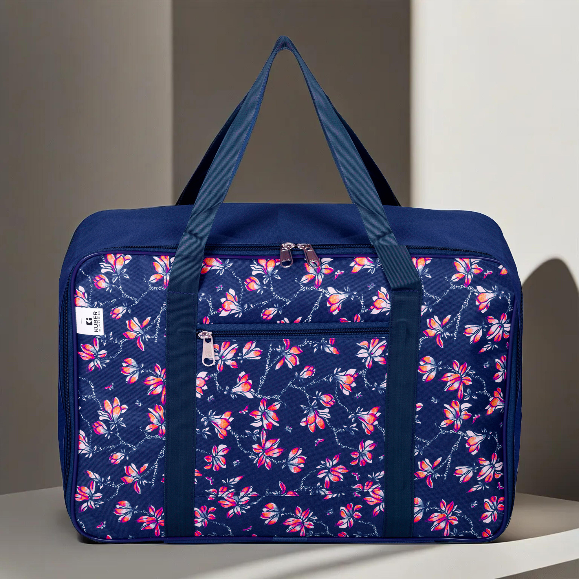 Kuber Industries Storage Bag  Clothes Storage Attachi Bag  Underbed Storage Bag  Zipper Storage Bag  Wardrobe Organizer with Handle  Travel Attachi Bag  Flower-Print  Large  Navy Blue