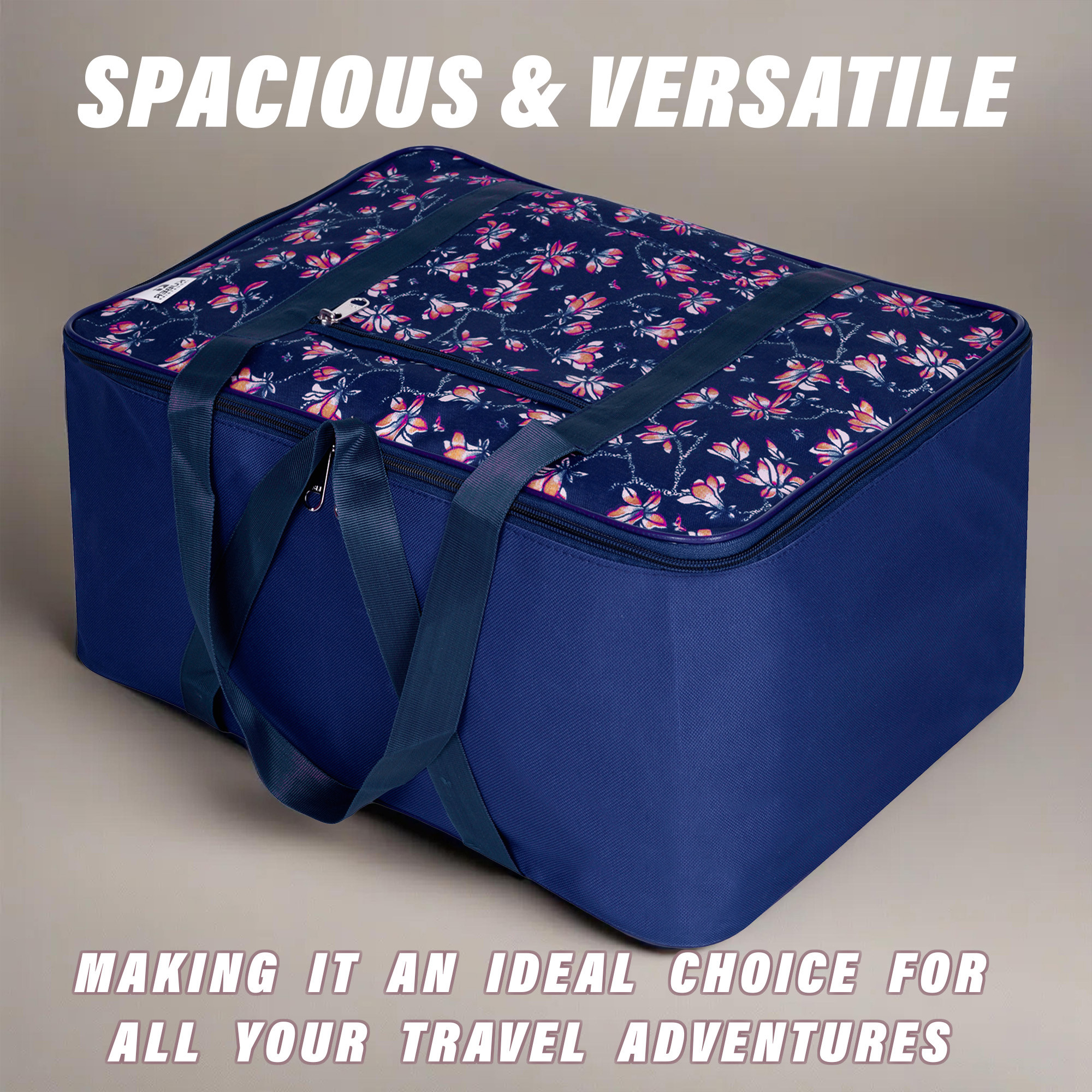 Kuber Industries Storage Bag  Clothes Storage Attachi Bag  Underbed Storage Bag  Zipper Storage Bag  Wardrobe Organizer with Handle  Travel Attachi Bag  Flower-Print  Large  Navy Blue