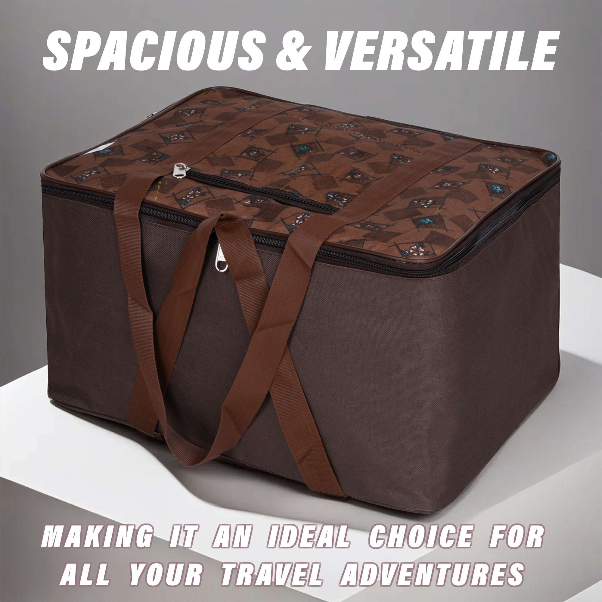 Kuber Industries Storage Bag  Clothes Storage Attachi Bag  Underbed Storage Bag  Zipper Storage Bag  Wardrobe Organizer with Handle  Travel Attachi Bag  Flower Check  Large  Brown