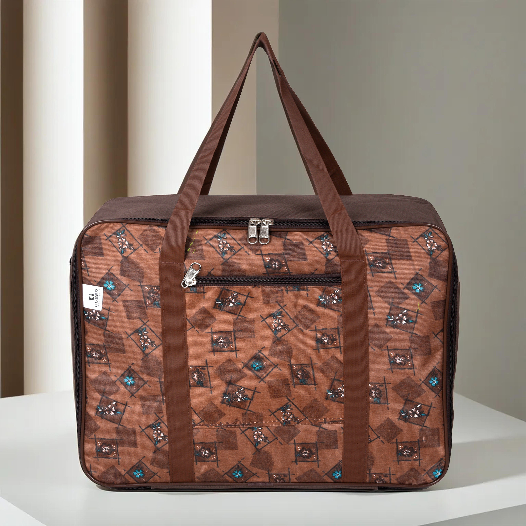 Kuber Industries Storage Bag  Clothes Storage Attachi Bag  Underbed Storage Bag  Zipper Storage Bag  Wardrobe Organizer with Handle  Travel Attachi Bag  Flower Check  Small  Brown