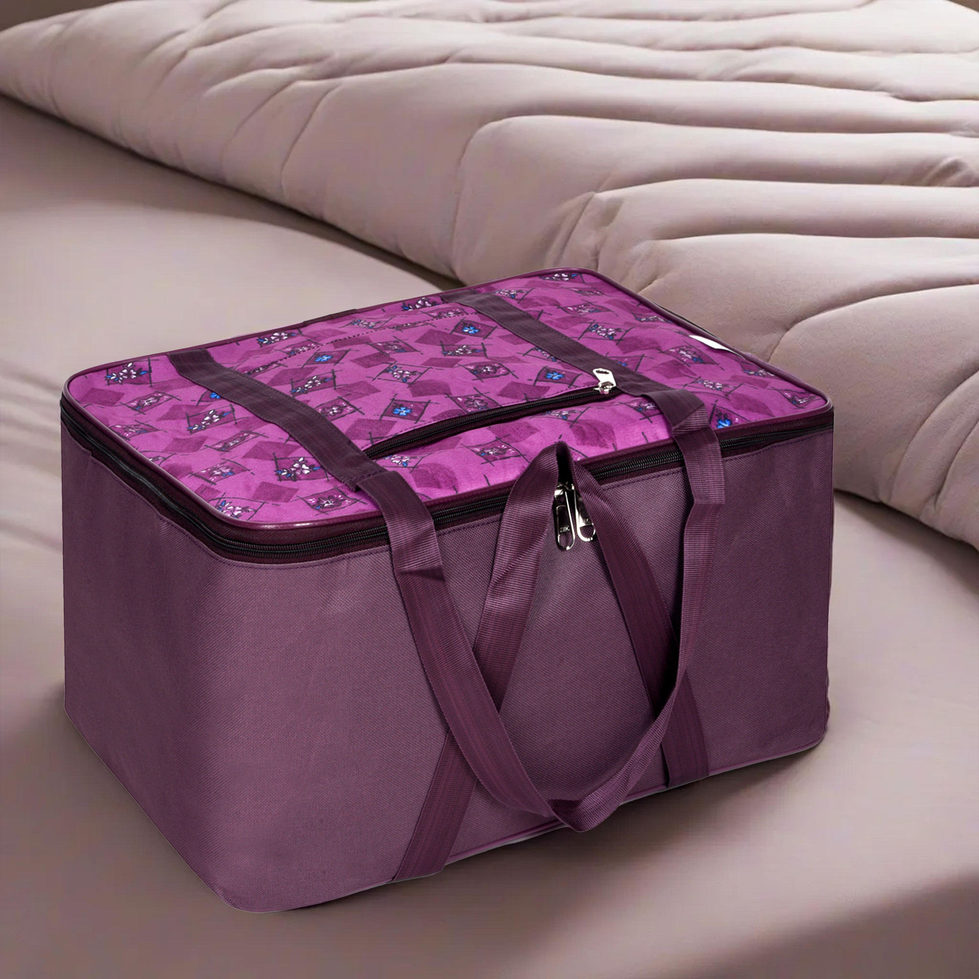 Kuber Industries Storage Bag | Clothes Storage Attachi Bag | Underbed Storage Bag | Zipper Storage Bag | Wardrobe Organizer with Handle | Travel Attachi Bag | Flower Check | Small | Purple