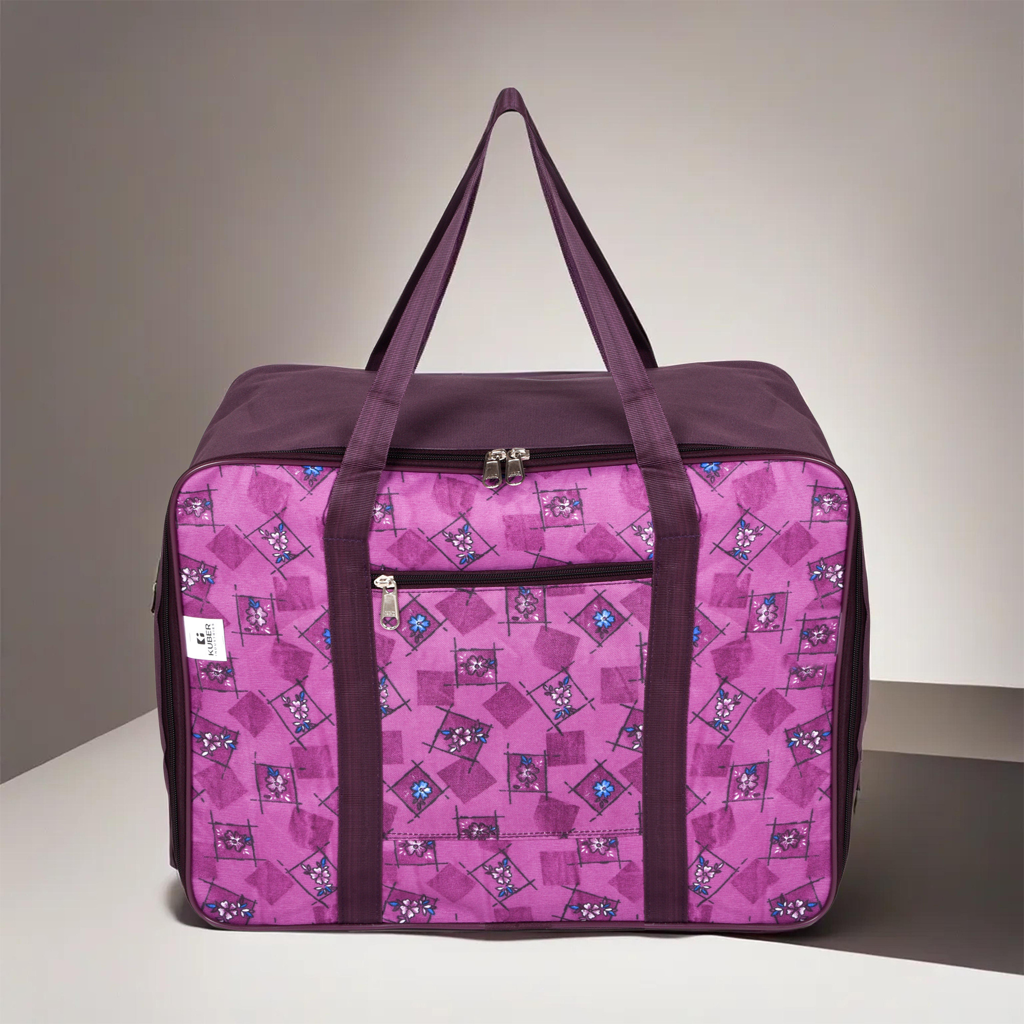 Kuber Industries Storage Bag | Clothes Storage Attachi Bag | Underbed Storage Bag | Zipper Storage Bag | Wardrobe Organizer with Handle | Travel Attachi Bag | Flower Check | Small | Purple