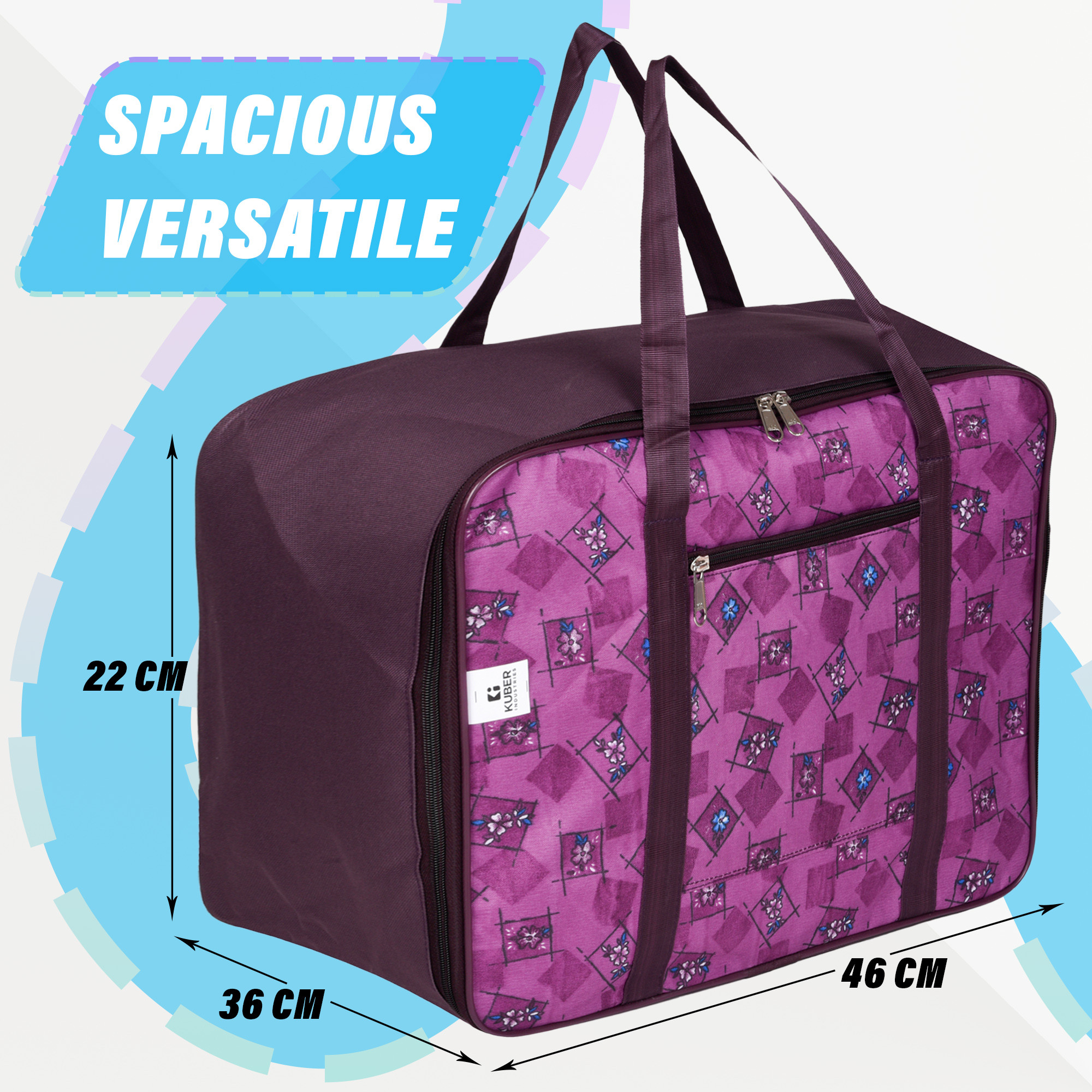 Kuber Industries Storage Bag | Clothes Storage Attachi Bag | Underbed Storage Bag | Zipper Storage Bag | Wardrobe Organizer with Handle | Travel Attachi Bag | Flower Check | Small | Purple