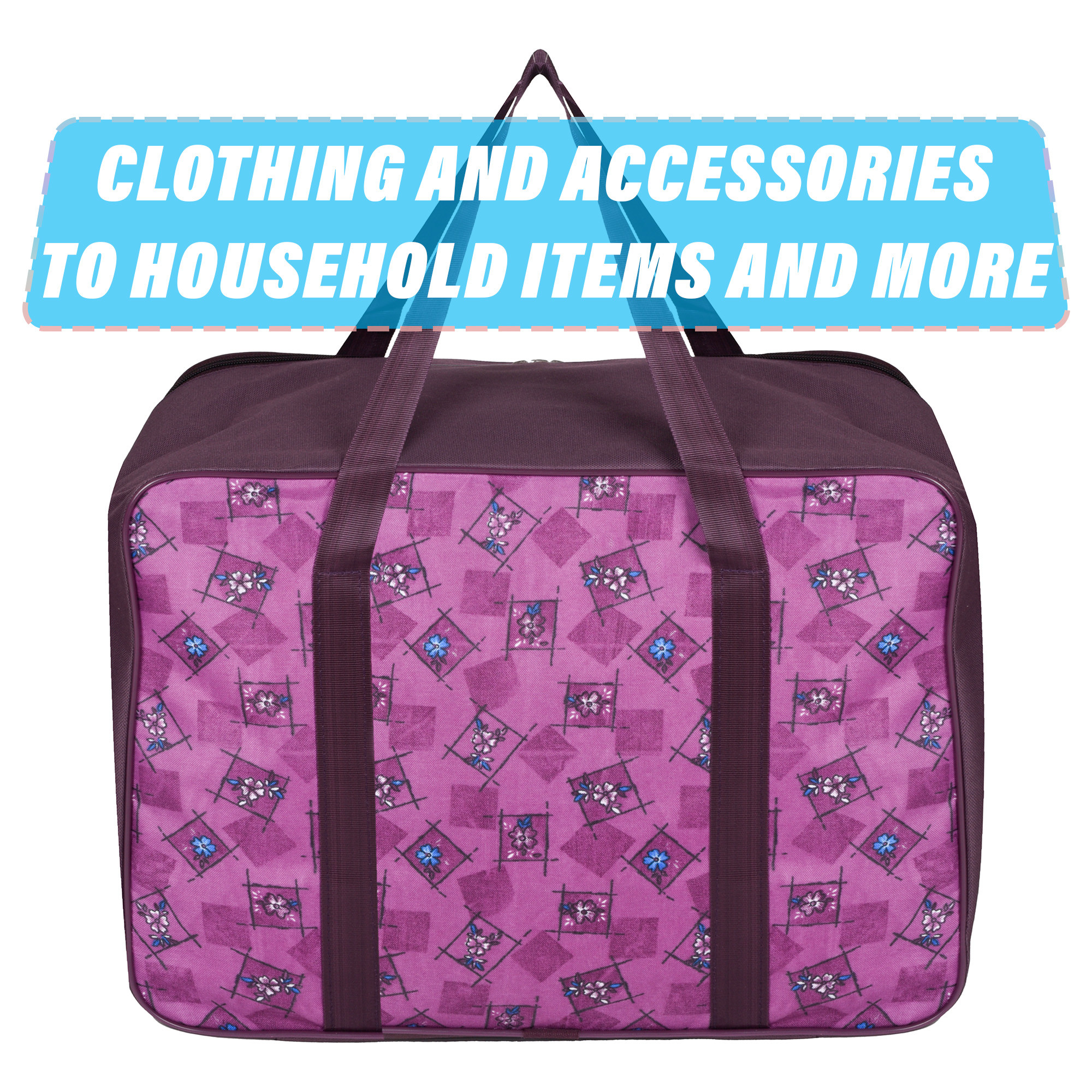 Kuber Industries Storage Bag | Clothes Storage Attachi Bag | Underbed Storage Bag | Zipper Storage Bag | Wardrobe Organizer with Handle | Travel Attachi Bag | Flower Check | Small | Purple