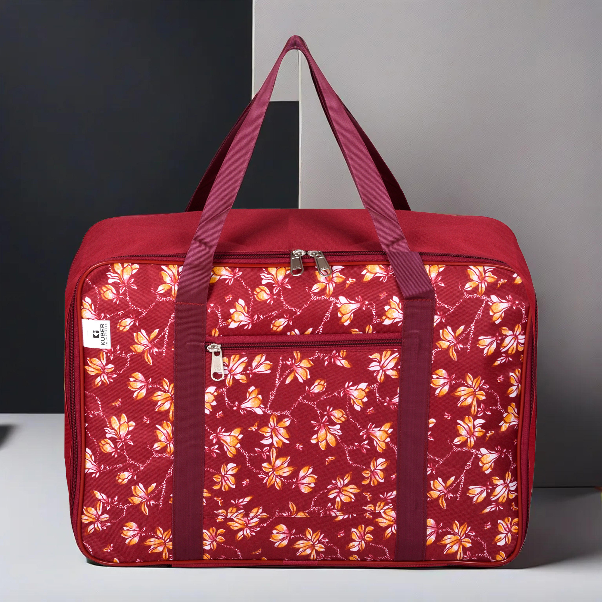 Kuber Industries Storage Bag | Clothes Storage Attachi Bag | Underbed Storage Bag | Zipper Storage Bag | Wardrobe Organizer with Handle | Travel Attachi Bag | Flower-Print | Small | Maroon