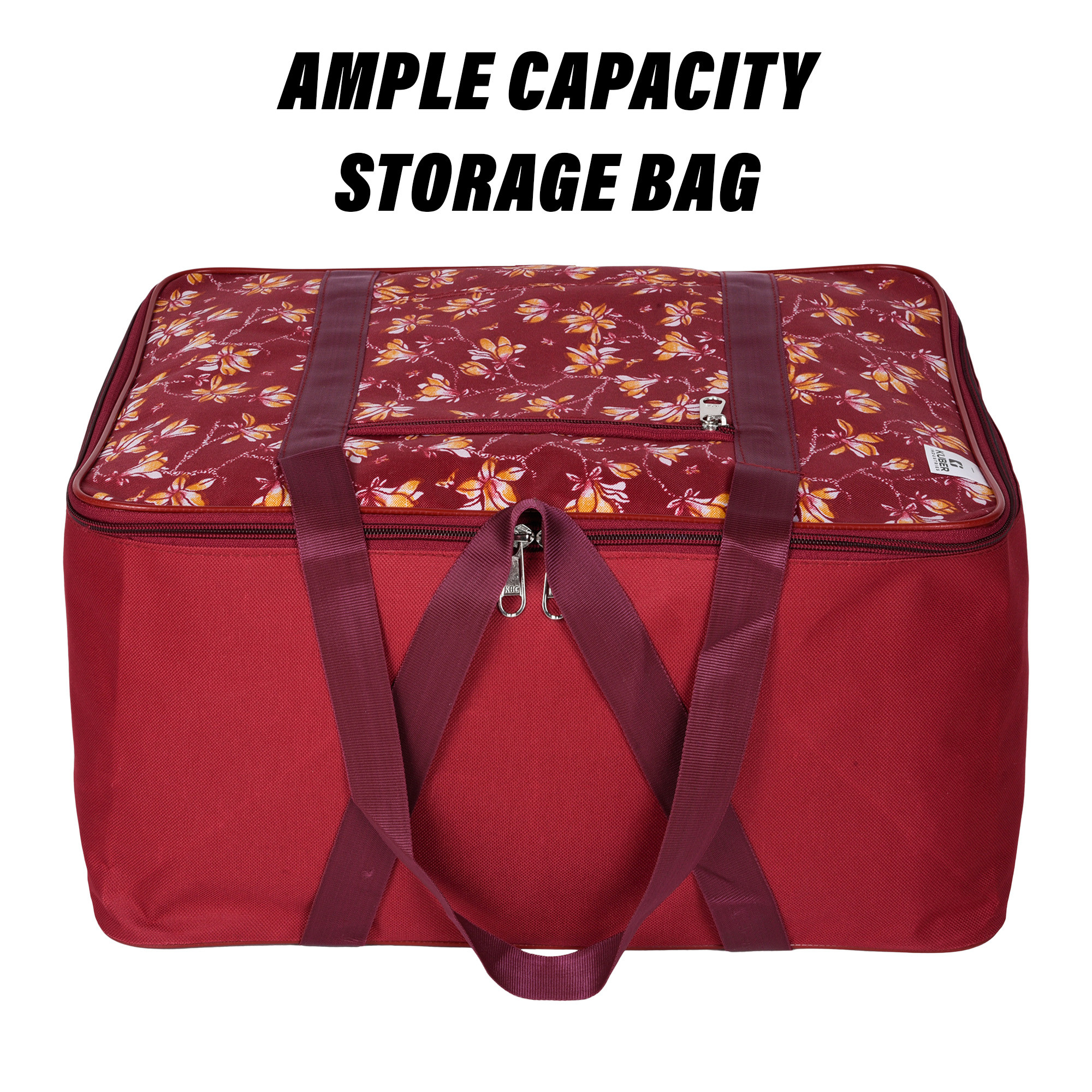 Kuber Industries Storage Bag | Clothes Storage Attachi Bag | Underbed Storage Bag | Zipper Storage Bag | Wardrobe Organizer with Handle | Travel Attachi Bag | Flower-Print | Small | Maroon