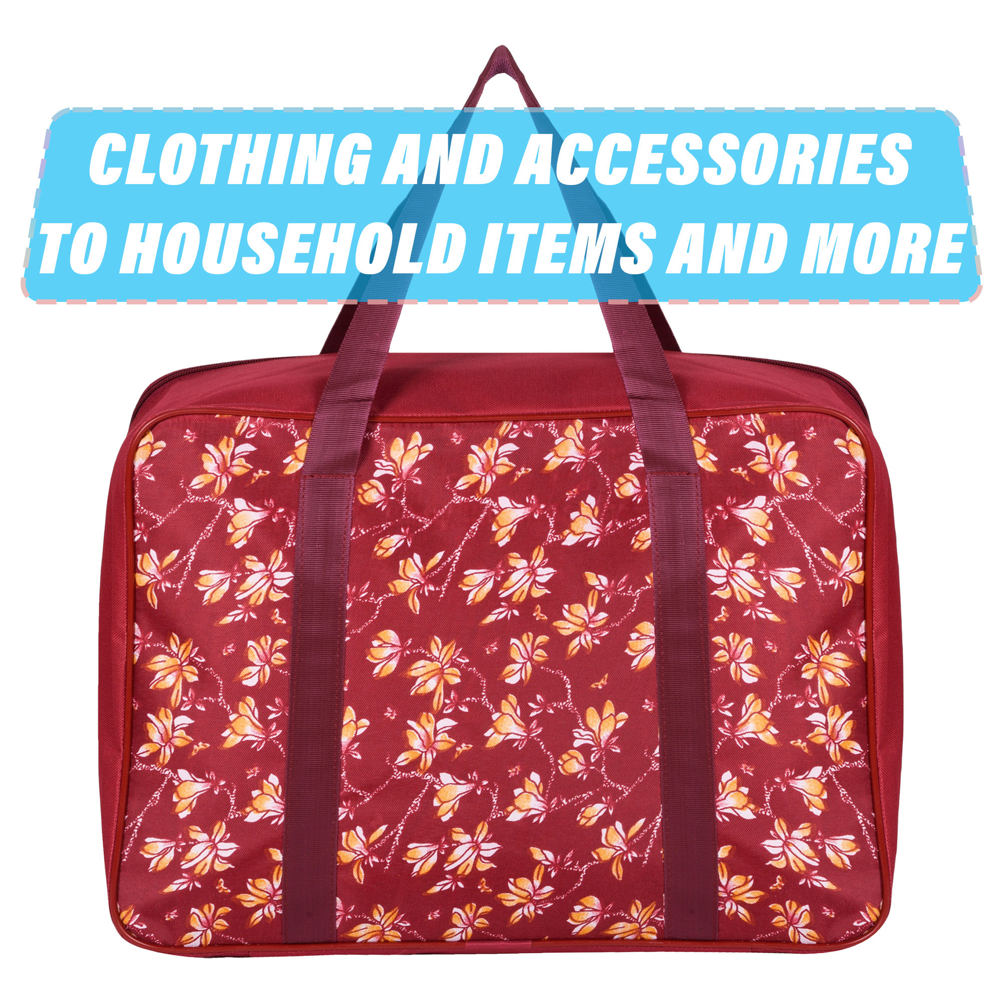 Kuber Industries Storage Bag | Clothes Storage Attachi Bag | Underbed Storage Bag | Zipper Storage Bag | Wardrobe Organizer with Handle | Travel Attachi Bag | Flower-Print | Small | Maroon