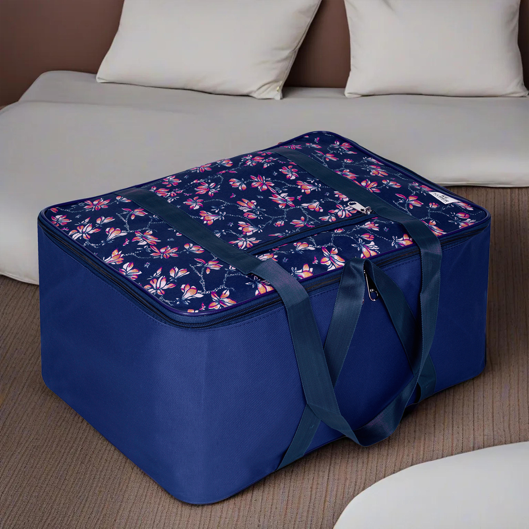 Kuber Industries Storage Bag | Clothes Storage Attachi Bag | Underbed Storage Bag | Zipper Storage Bag | Wardrobe Organizer with Handle | Travel Attachi Bag | Flower-Print | Small | Navy Blue