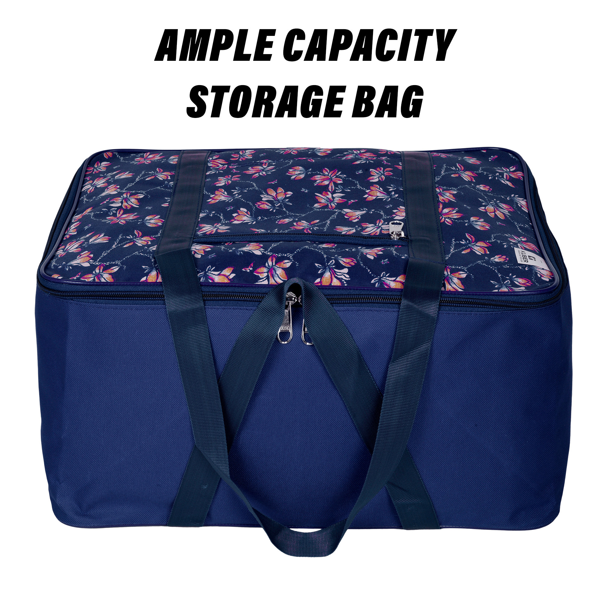 Kuber Industries Storage Bag | Clothes Storage Attachi Bag | Underbed Storage Bag | Zipper Storage Bag | Wardrobe Organizer with Handle | Travel Attachi Bag | Flower-Print | Small | Navy Blue