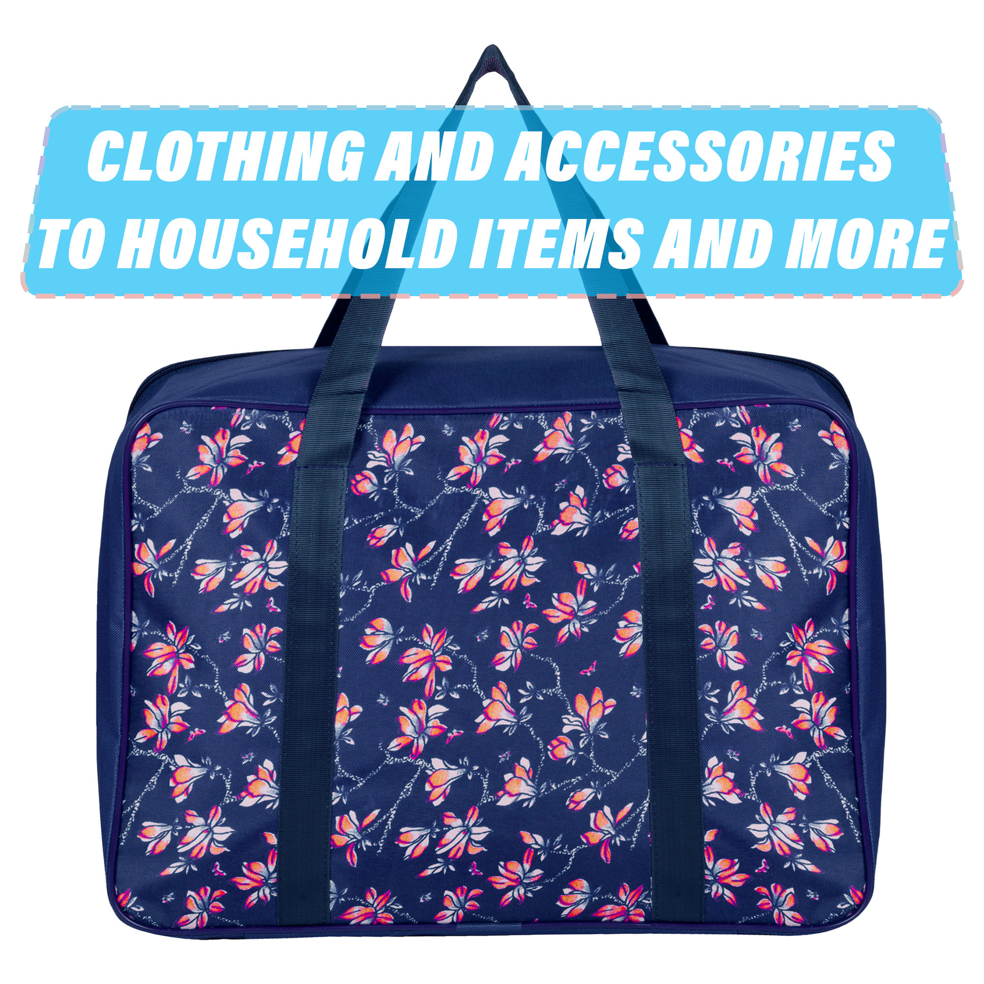 Kuber Industries Storage Bag | Clothes Storage Attachi Bag | Underbed Storage Bag | Zipper Storage Bag | Wardrobe Organizer with Handle | Travel Attachi Bag | Flower-Print | Small | Navy Blue