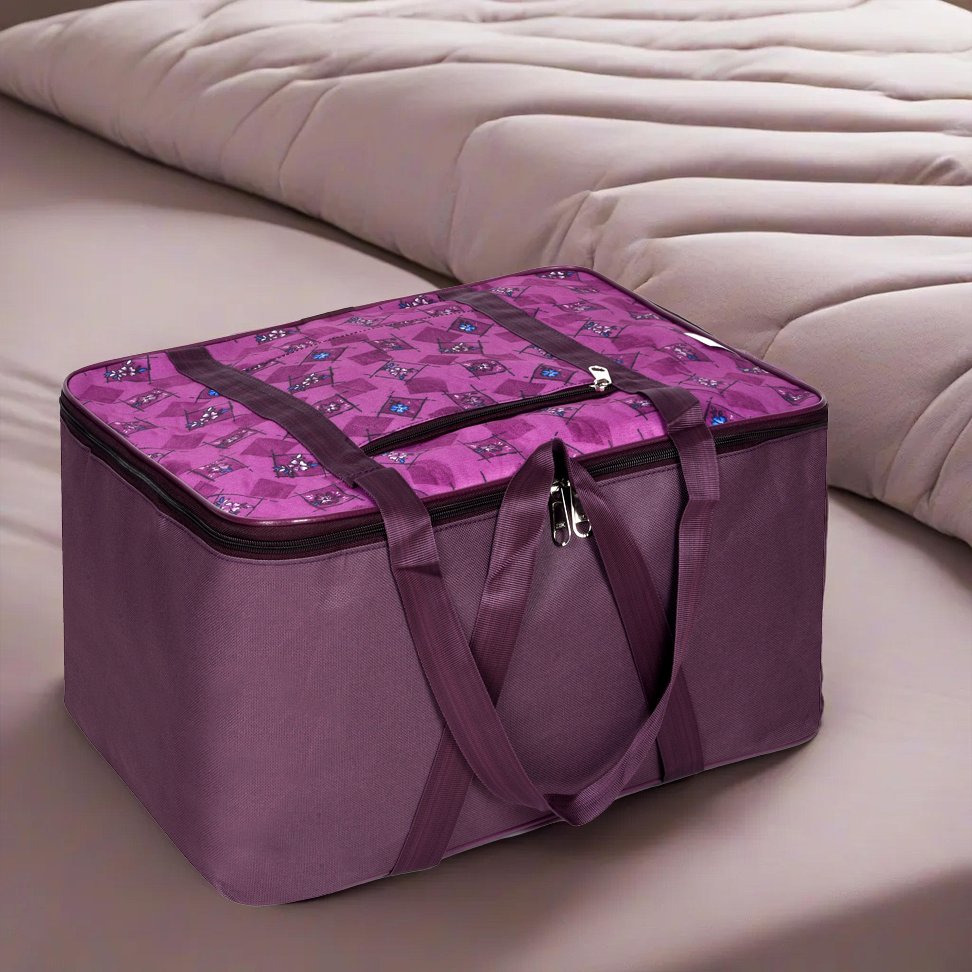 Kuber Industries Storage Bag | Clothes Storage Attachi Bag | Underbed Storage Bag | Zipper Storage Bag | Wardrobe Organizer with Handle | Travel Attachi Bag | Flower Check | Large | Purple