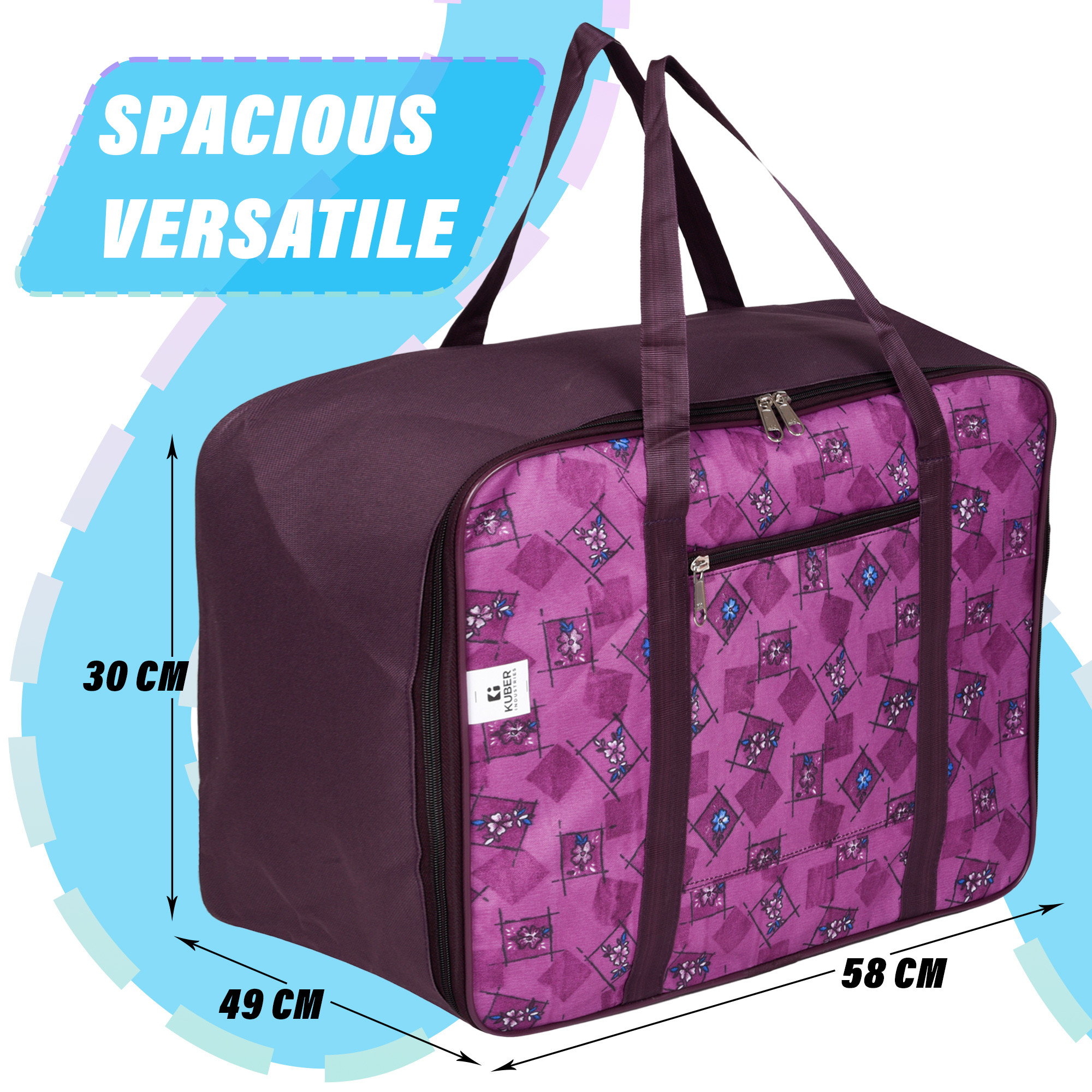 Kuber Industries Storage Bag | Clothes Storage Attachi Bag | Underbed Storage Bag | Zipper Storage Bag | Wardrobe Organizer with Handle | Travel Attachi Bag | Flower Check | Large | Purple
