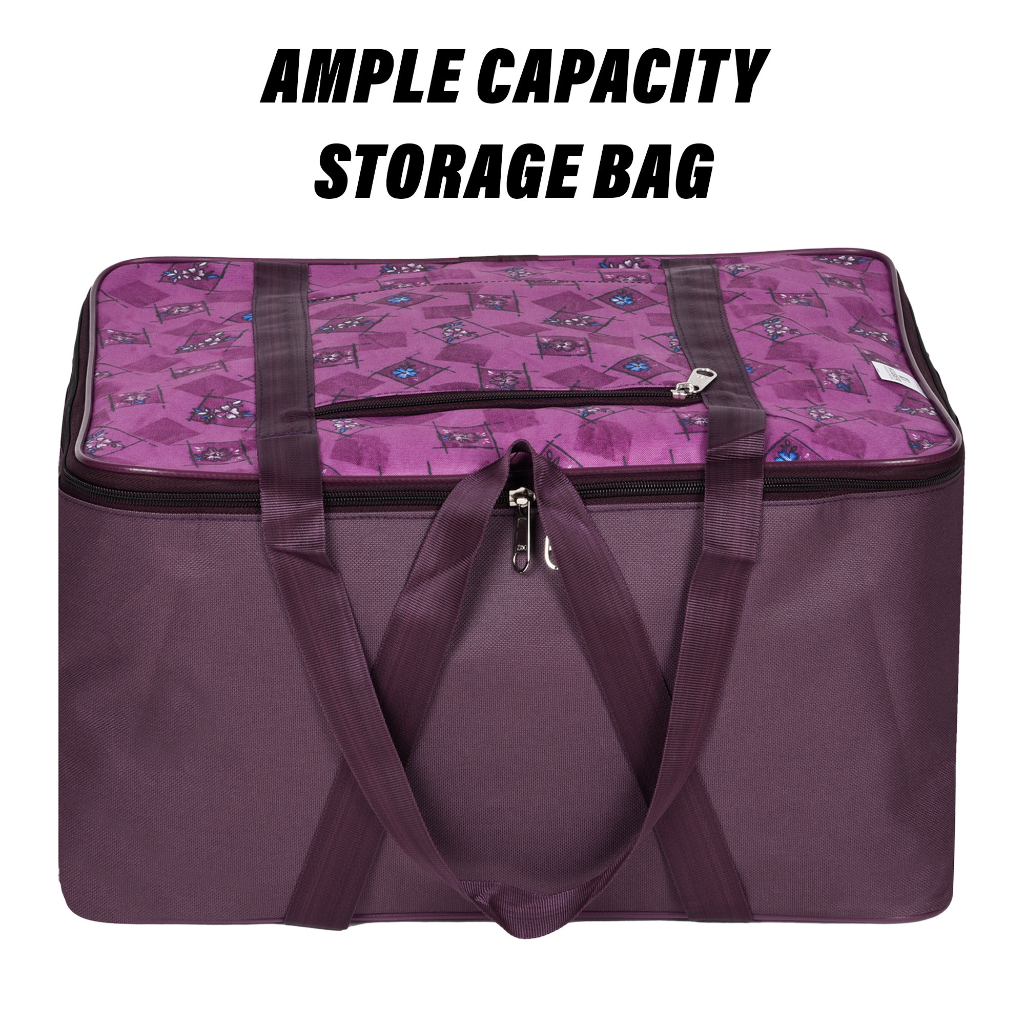 Kuber Industries Storage Bag | Clothes Storage Attachi Bag | Underbed Storage Bag | Zipper Storage Bag | Wardrobe Organizer with Handle | Travel Attachi Bag | Flower Check | Large | Purple