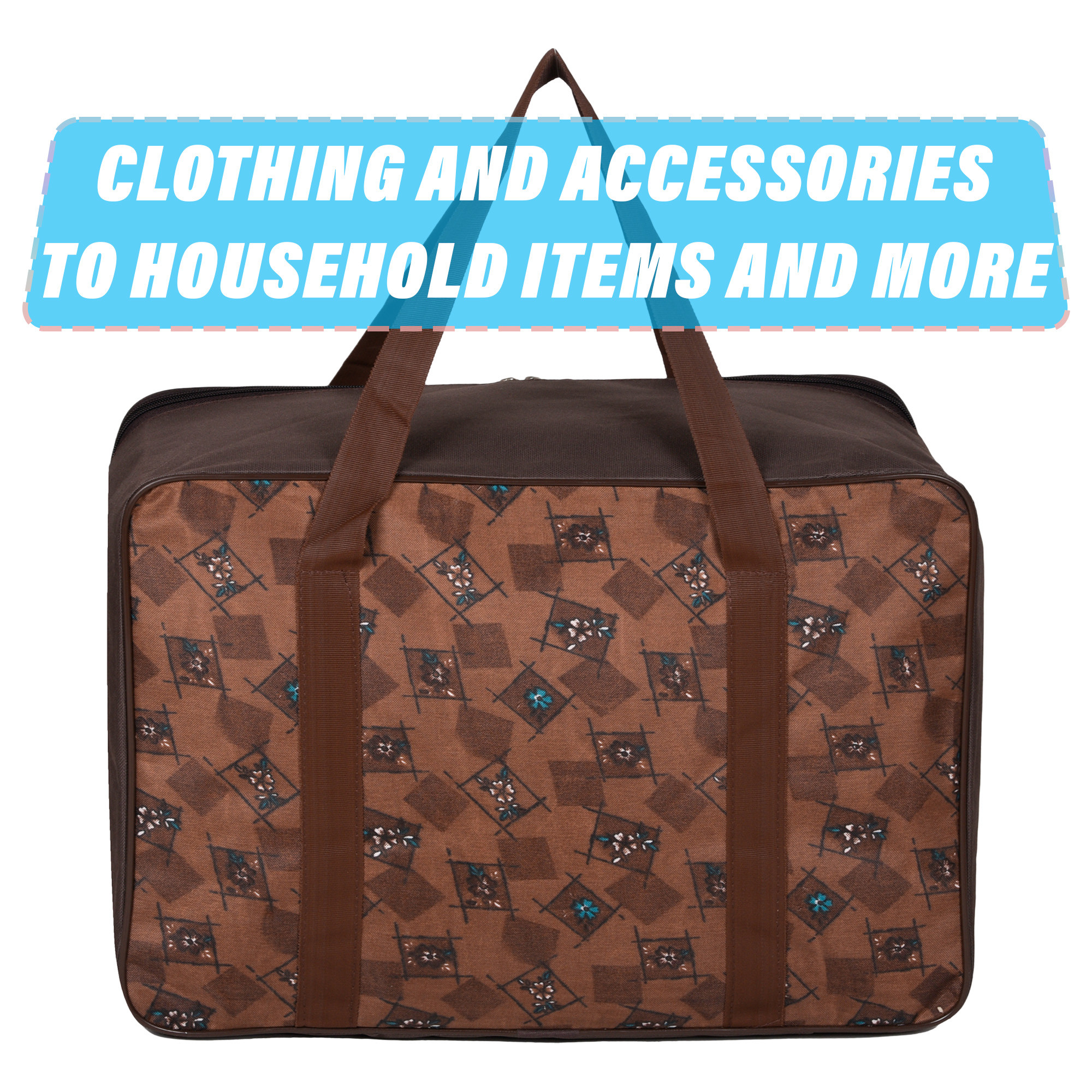 Kuber Industries Storage Bag | Clothes Storage Attachi Bag | Underbed Storage Bag | Zipper Storage Bag | Wardrobe Organizer with Handle | Travel Attachi Bag | Flower Check | Large | Brown