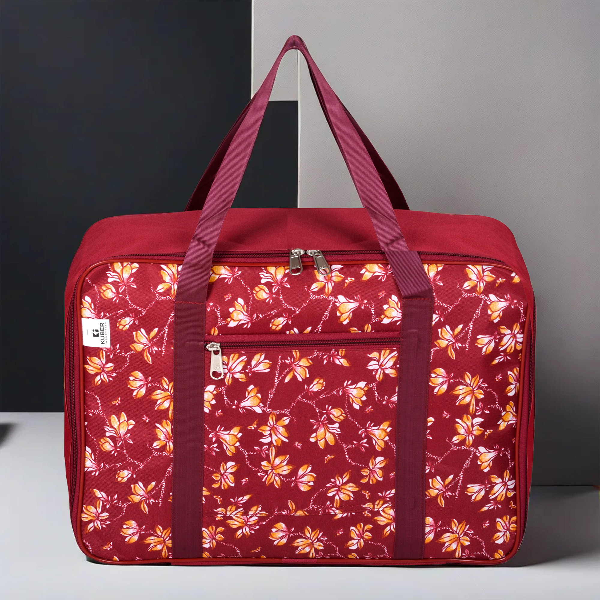 Kuber Industries Storage Bag | Clothes Storage Attachi Bag | Underbed Storage Bag | Zipper Storage Bag | Wardrobe Organizer with Handle | Travel Attachi Bag | Flower-Print | Large | Maroon