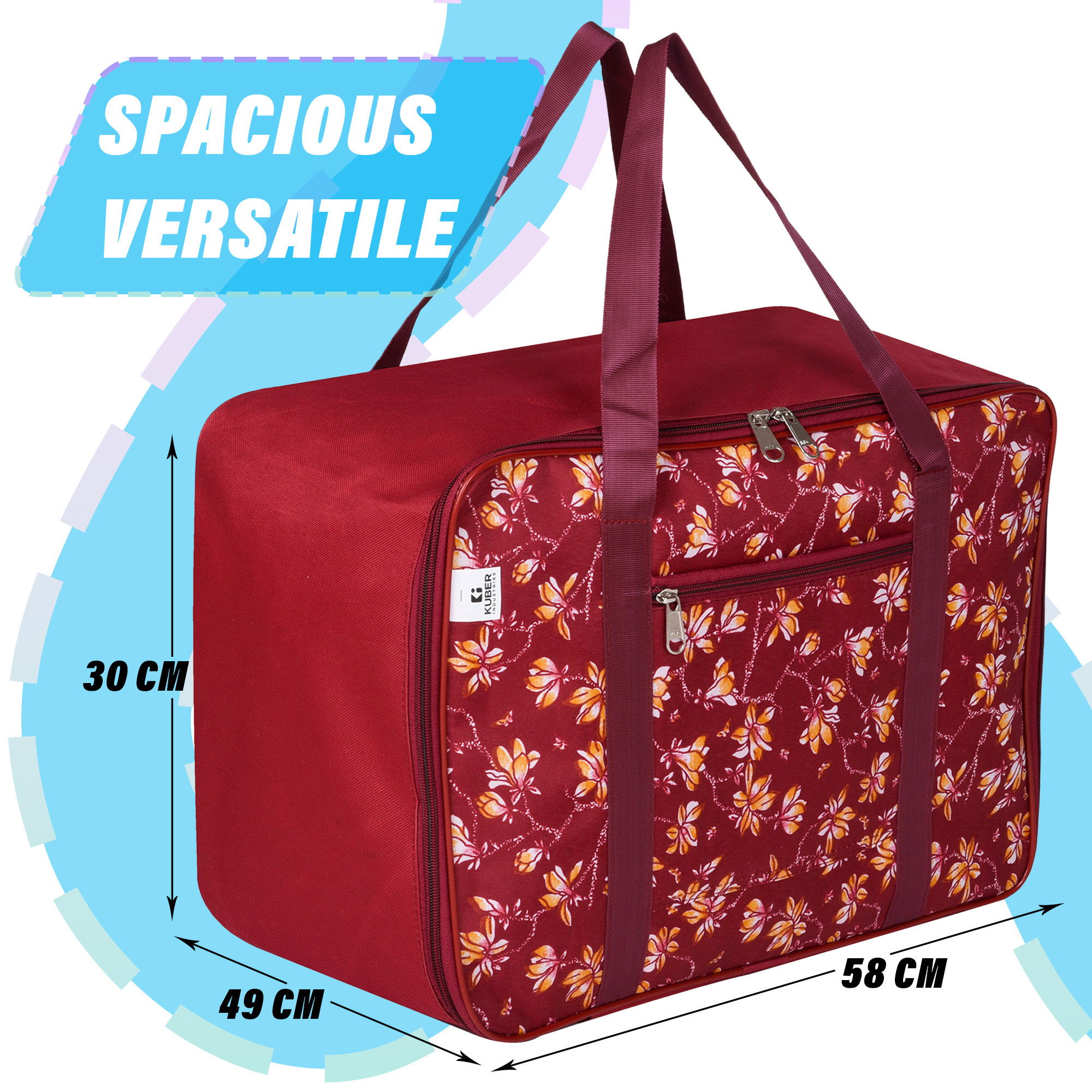 Kuber Industries Storage Bag | Clothes Storage Attachi Bag | Underbed Storage Bag | Zipper Storage Bag | Wardrobe Organizer with Handle | Travel Attachi Bag | Flower-Print | Large | Maroon