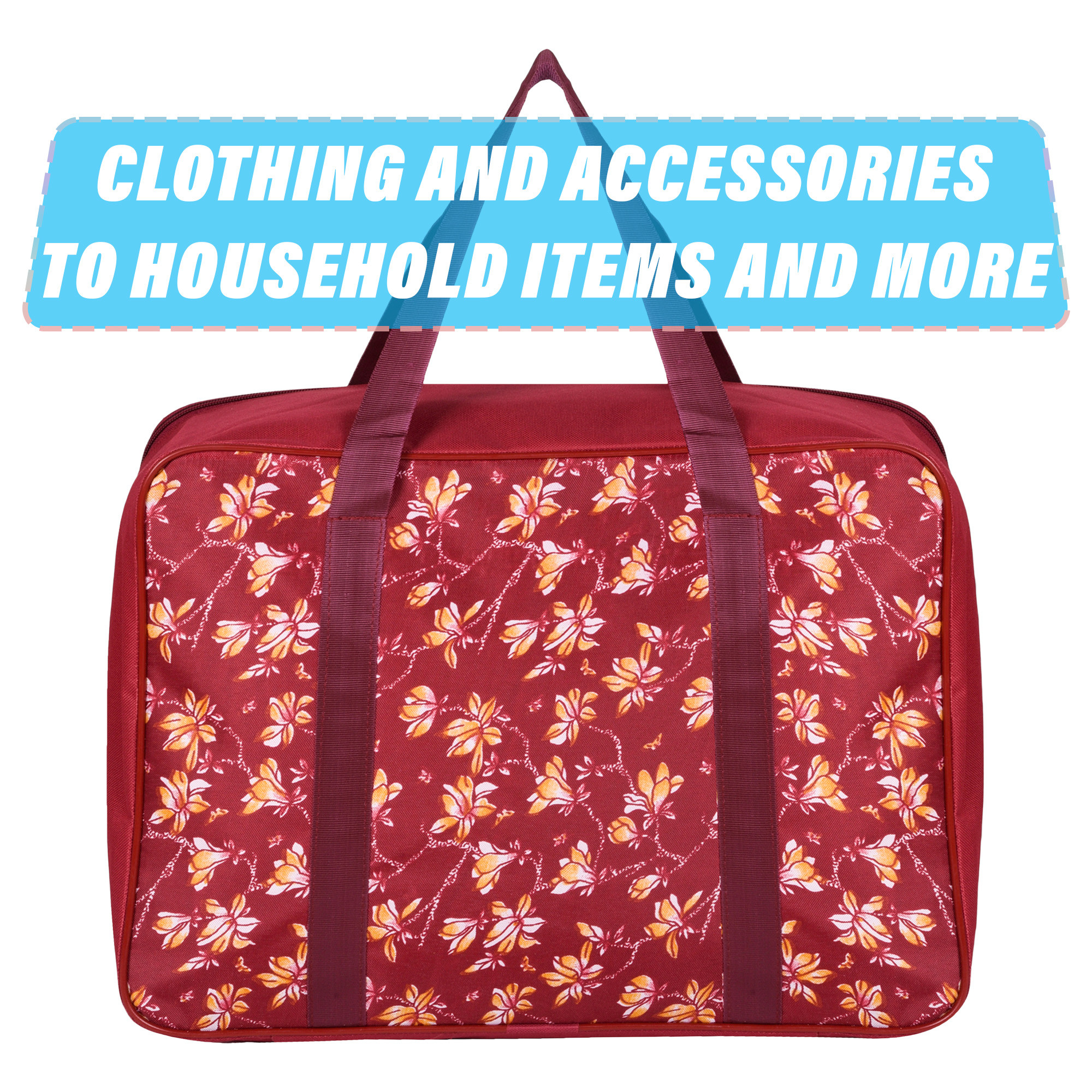 Kuber Industries Storage Bag | Clothes Storage Attachi Bag | Underbed Storage Bag | Zipper Storage Bag | Wardrobe Organizer with Handle | Travel Attachi Bag | Flower-Print | Large | Maroon
