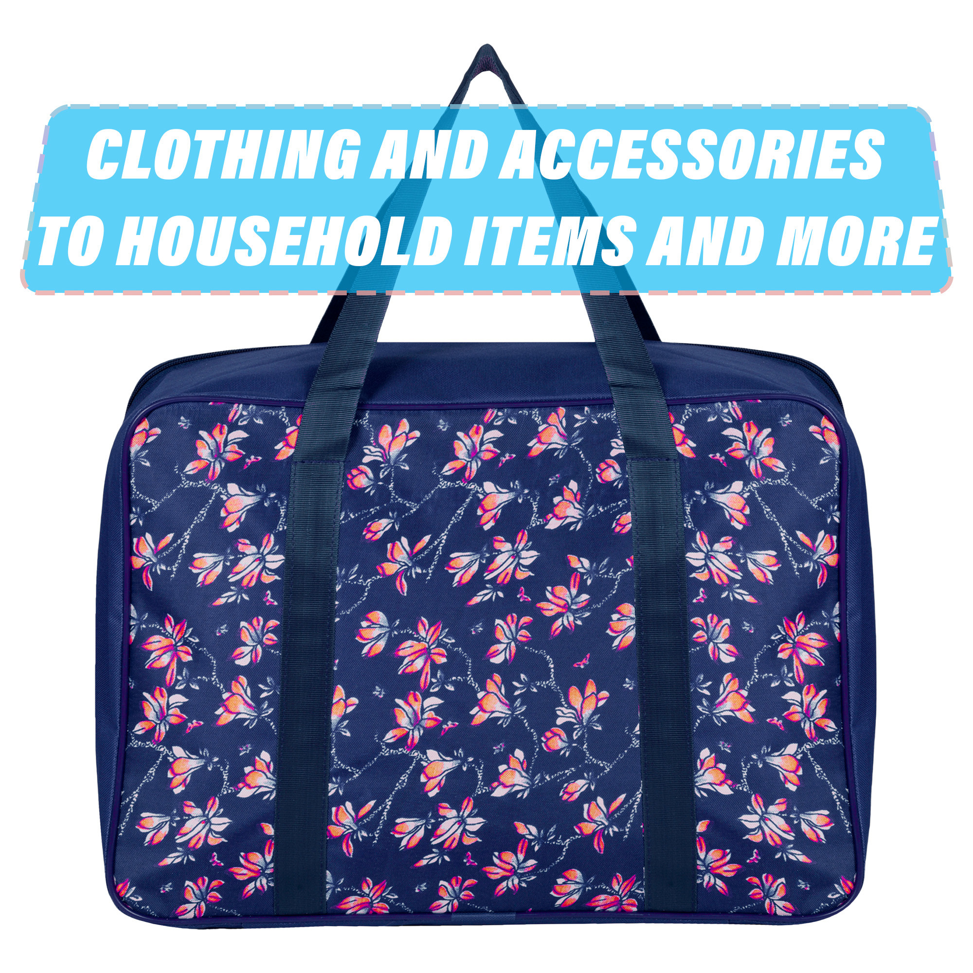 Kuber Industries Storage Bag | Clothes Storage Attachi Bag | Underbed Storage Bag | Zipper Storage Bag | Wardrobe Organizer with Handle | Travel Attachi Bag | Flower-Print | Large | Navy Blue