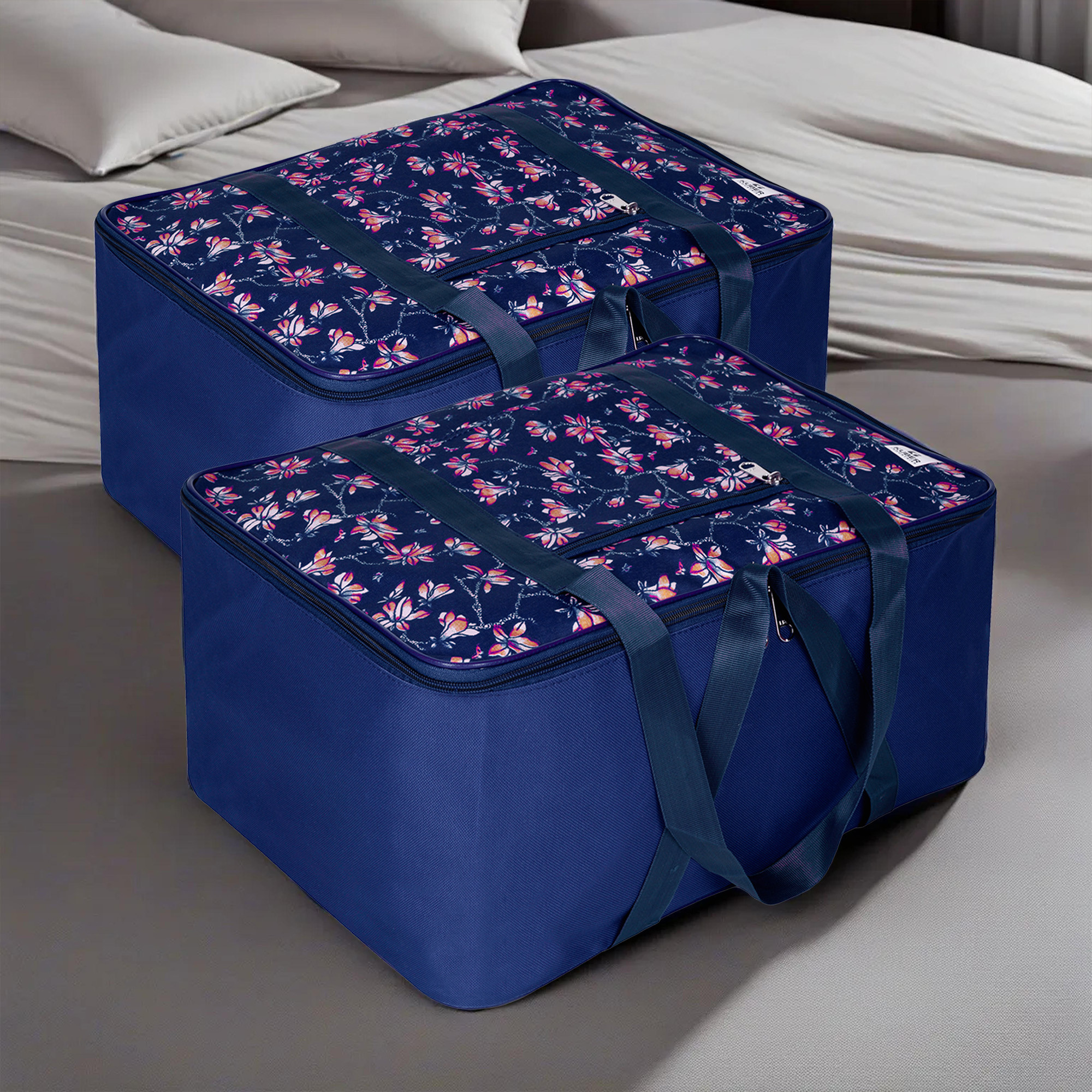 Kuber Industries Storage Bag | Clothes Storage Attachi Bag | Underbed Storage Bag | Zipper Storage Bag | Wardrobe Organizer with Handle | Travel Attachi Bag | Flower-Print | Large | Navy Blue