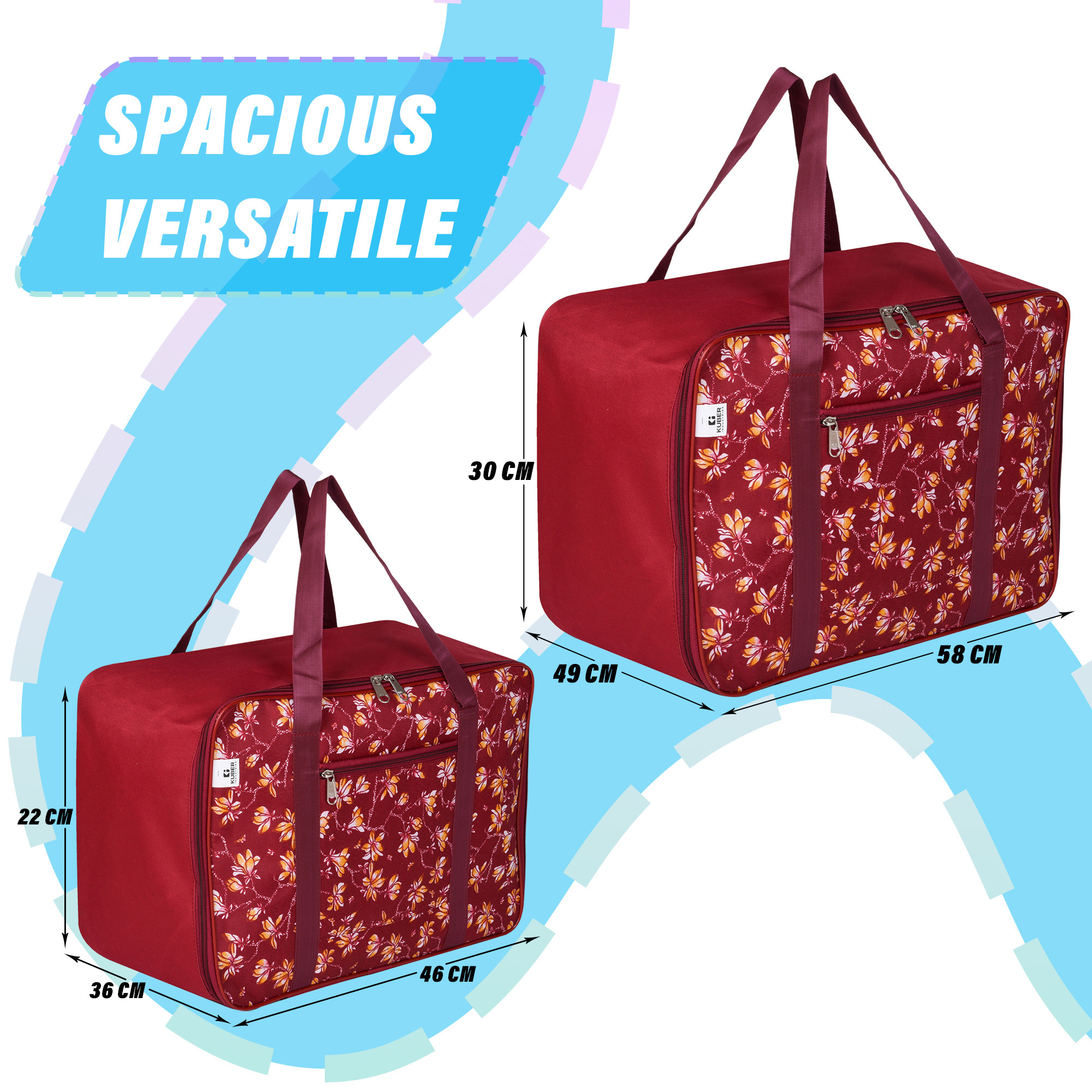 Kuber Industries Storage Bag | Clothes Storage Attachi Bag | Underbed Storage Bag | Zipper Storage Bag | Wardrobe Organizer with Handle | Travel Attachi Bag | Flower-Print | S | L | Pack of 2 | Maroon