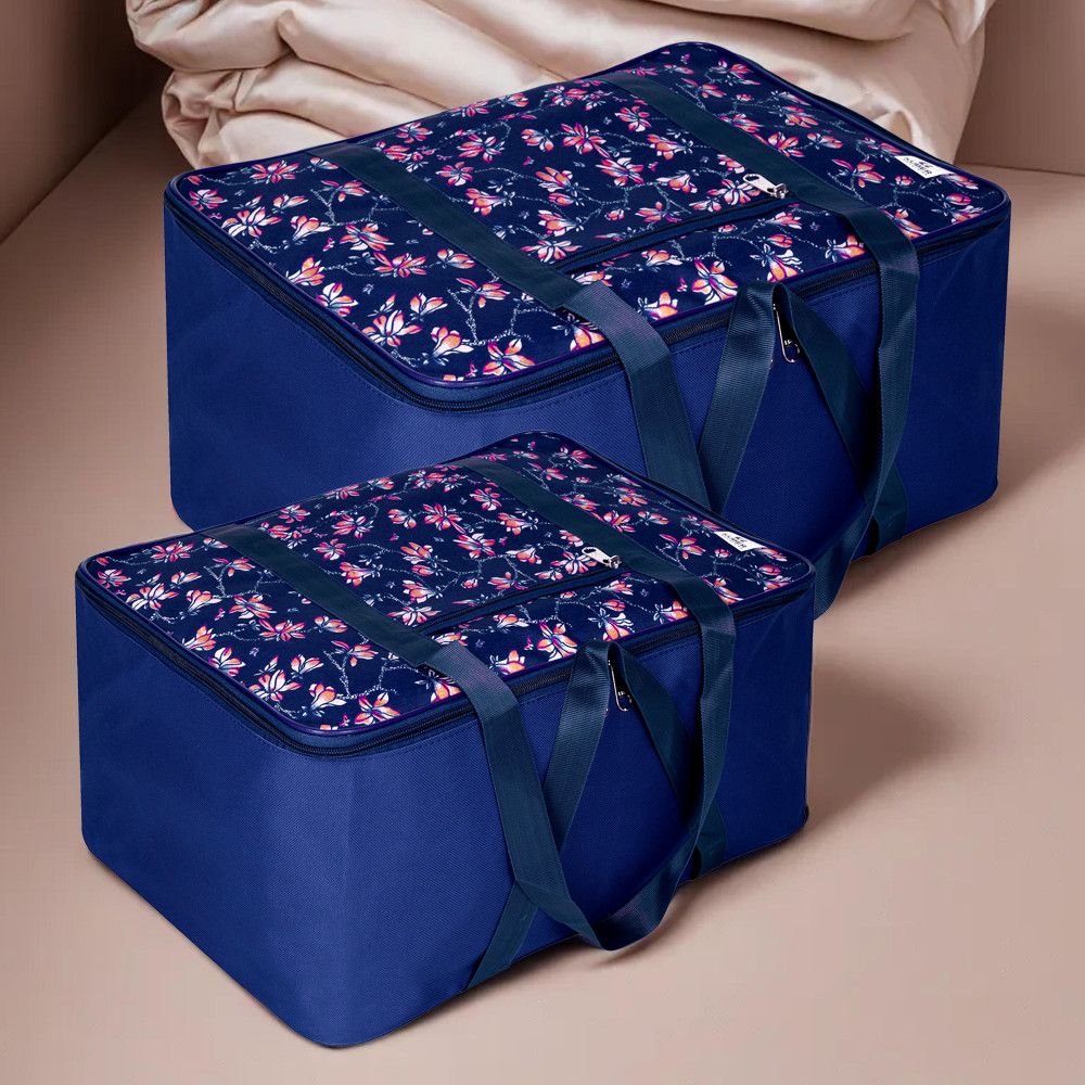 Kuber Industries Storage Bag | Clothes Storage Attachi Bag | Underbed Storage Bag | Zipper Storage Bag | Wardrobe Organizer with Handle | Travel Attachi Bag | Flower-Print | S | L | Pack of 2 | Navy Blue