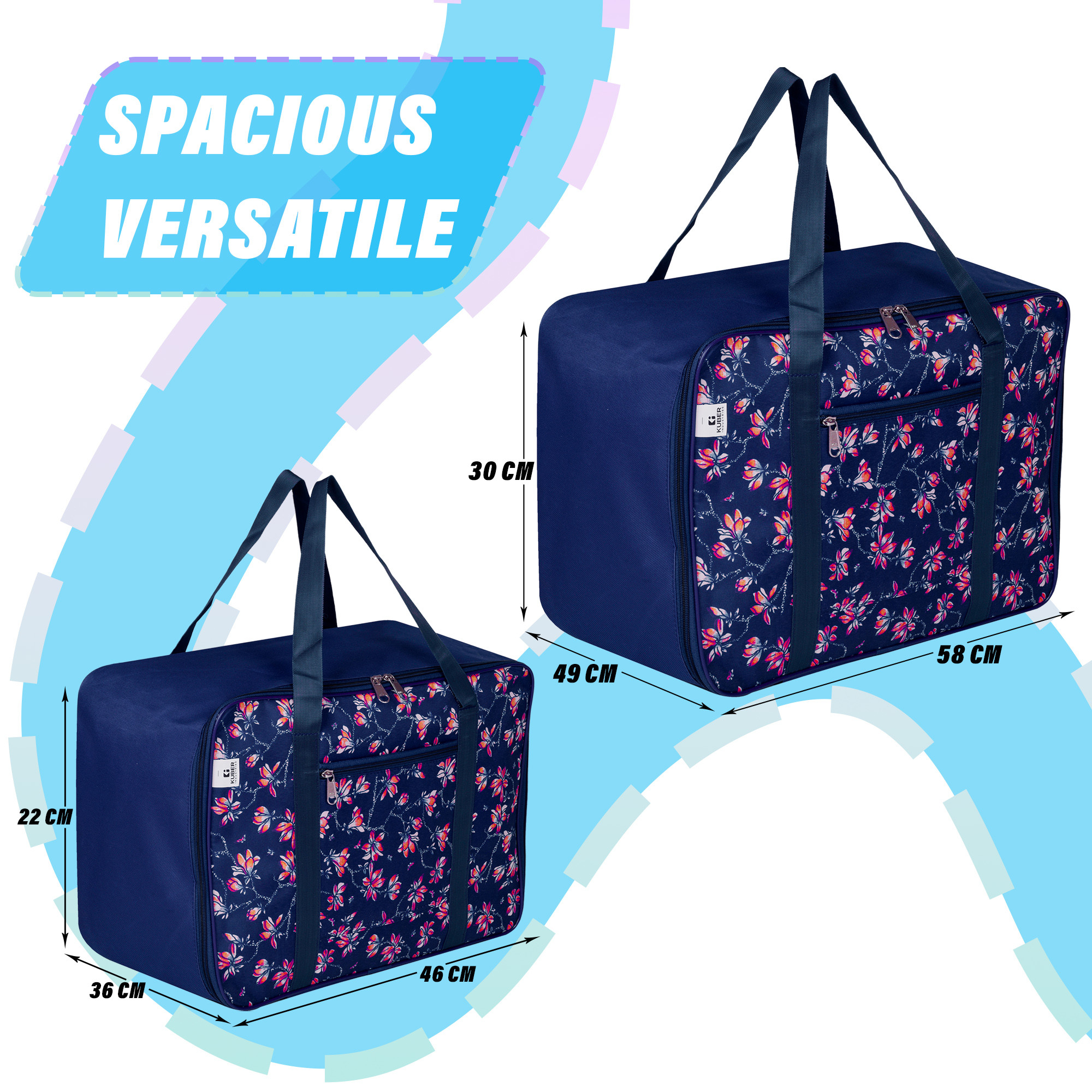 Kuber Industries Storage Bag | Clothes Storage Attachi Bag | Underbed Storage Bag | Zipper Storage Bag | Wardrobe Organizer with Handle | Travel Attachi Bag | Flower-Print | S | L | Pack of 2 | Navy Blue