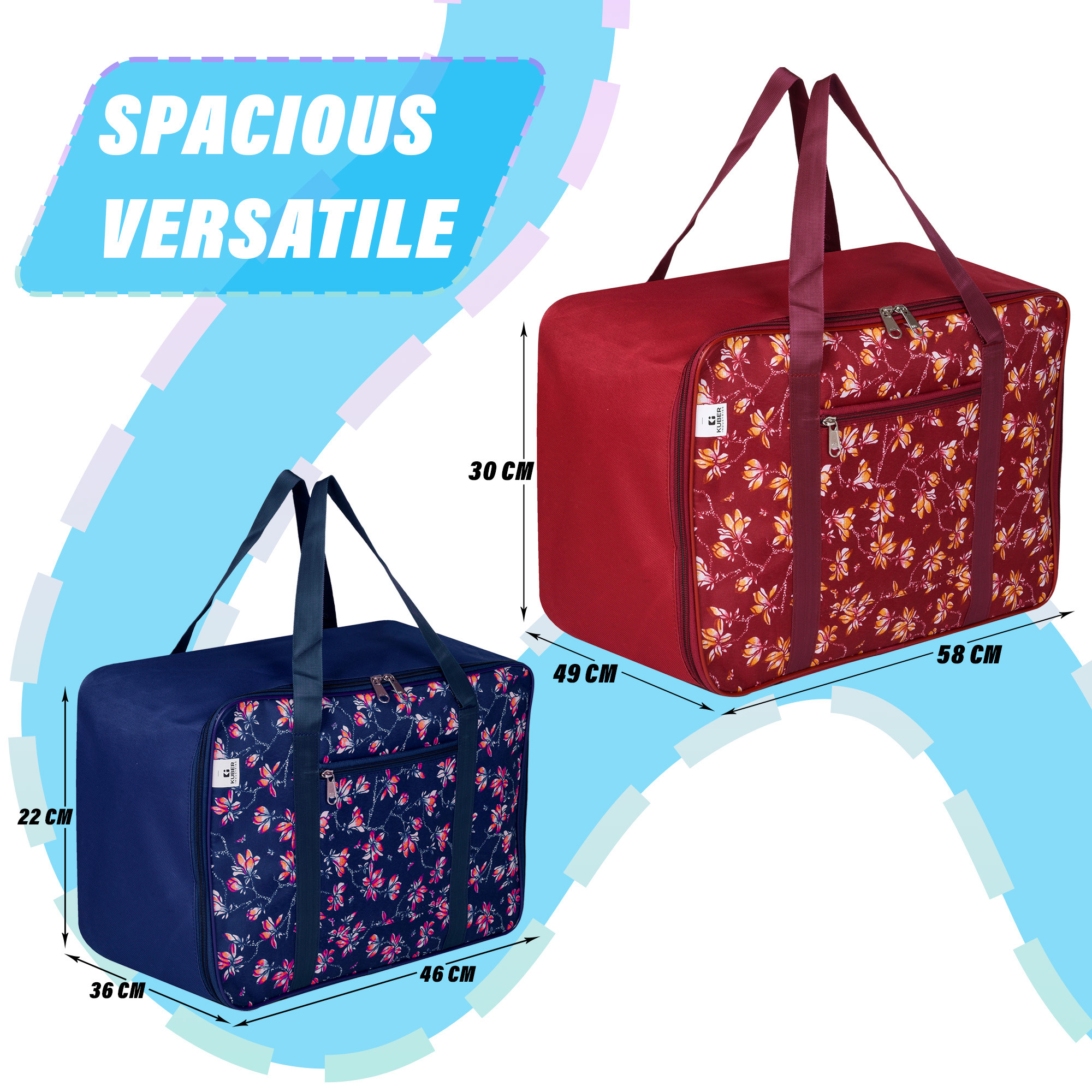 Kuber Industries Storage Bag | Clothes Storage Attachi Bag | Underbed Storage Bag | Zipper Travel Storage Bag | Wardrobe Organizer with Handle | Flower-Print | S | L | Pack of 2 | Multicolor