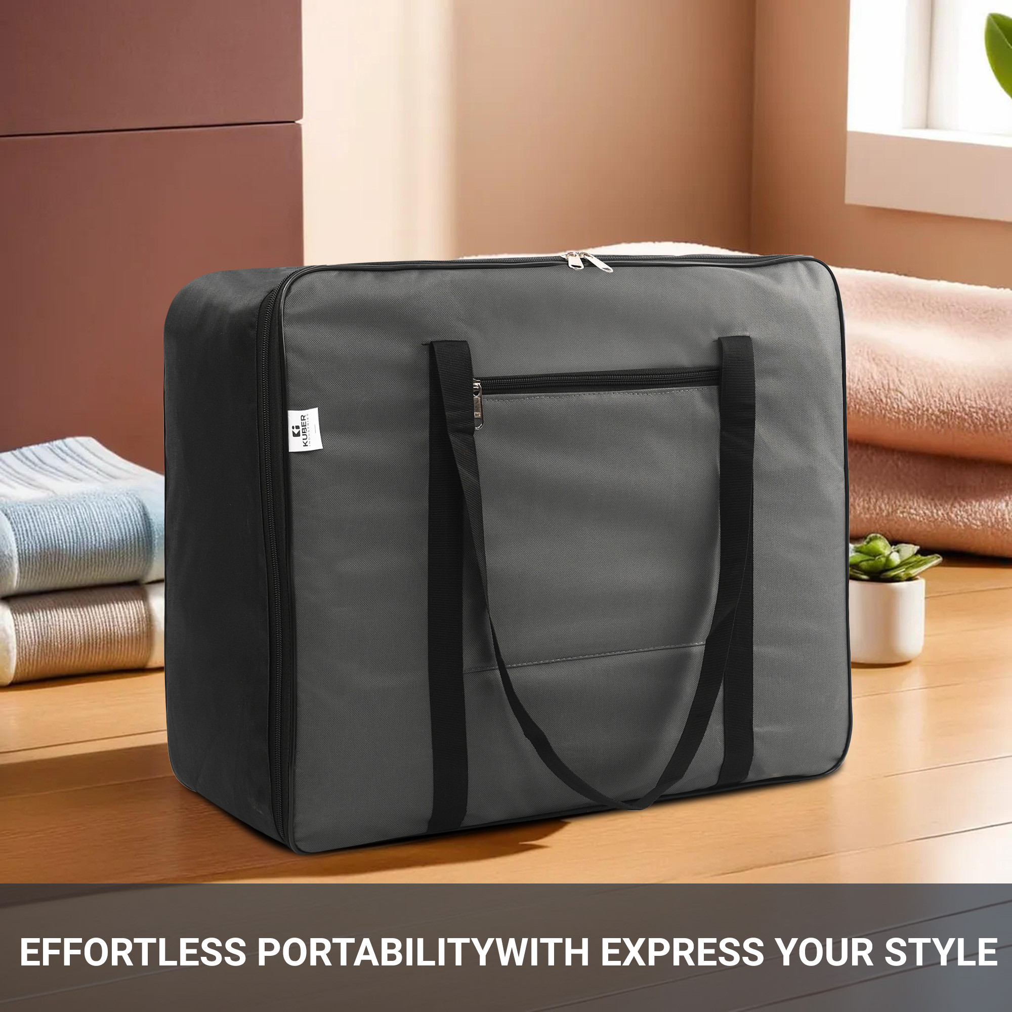 Kuber Industries Storage Bag  Clothes Storage Bag  Rexine Underbed Storage Bag  Wardrobe Organizer for Blanket-Comforters  Foldable Attachi Bag with Handle  Black Patti  Large  Grey