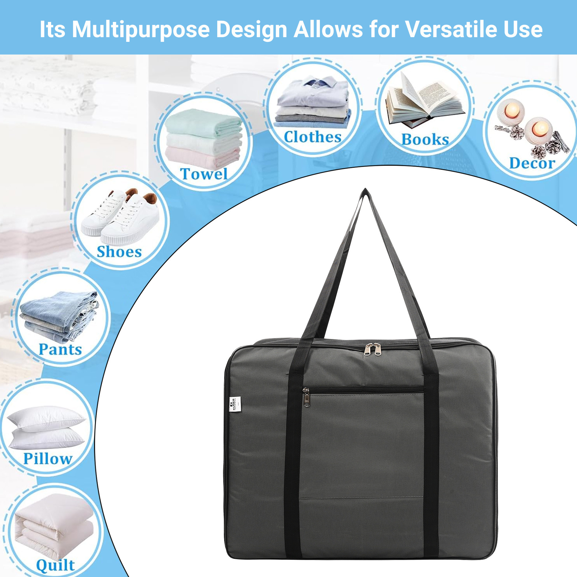 Kuber Industries Storage Bag  Clothes Storage Bag  Rexine Underbed Storage Bag  Wardrobe Organizer for Blanket-Comforters  Foldable Attachi Bag with Handle  Black Patti  Large  Grey