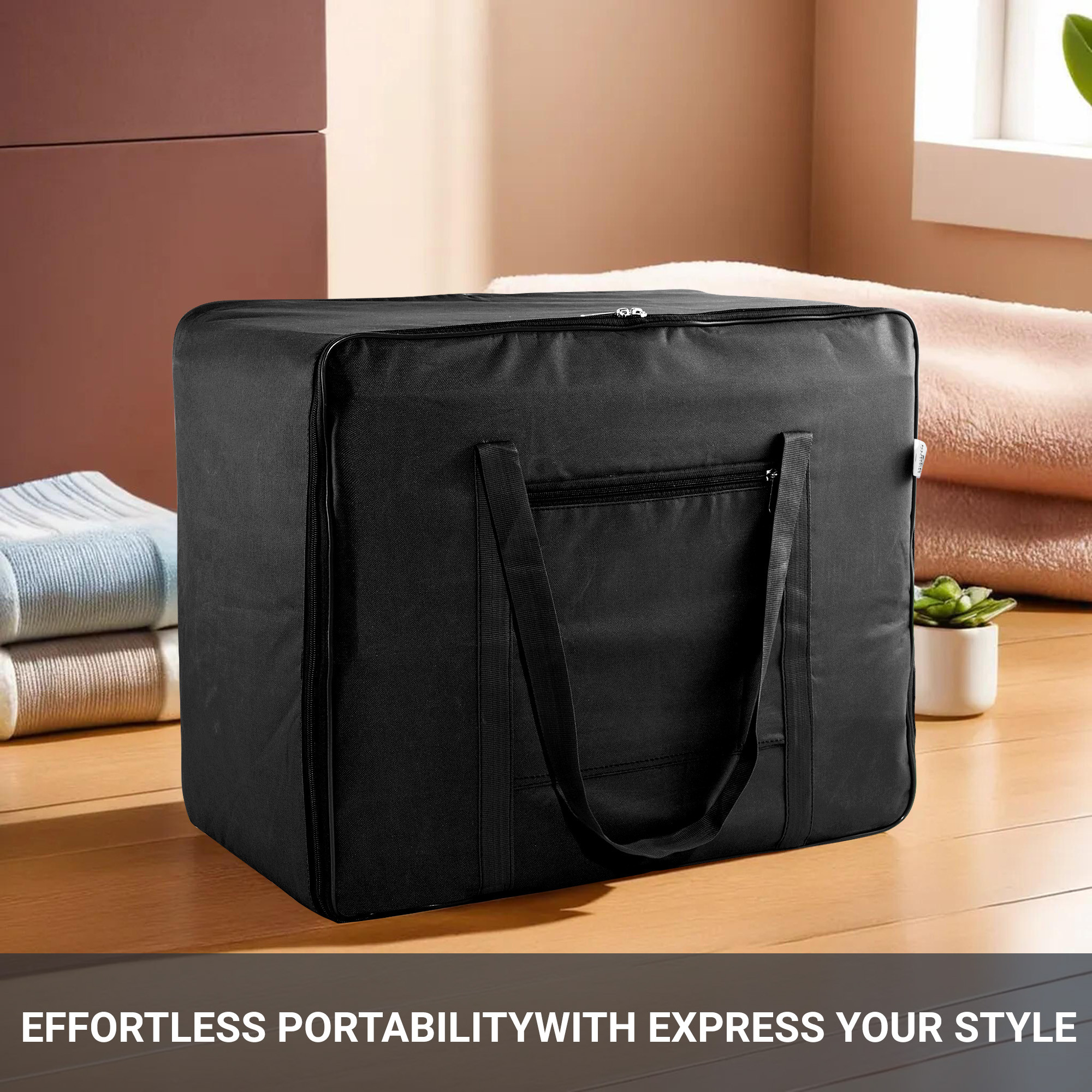 Kuber Industries Storage Bag  Clothes Storage Bag  Rexine Underbed Storage Bag  Wardrobe Organizer for Blanket-Comforters  Foldable Attachi Bag with Handle  Large  Black