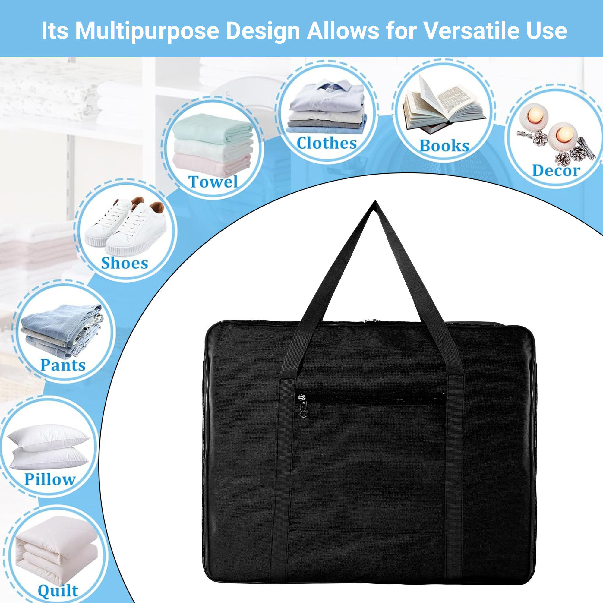 Kuber Industries Storage Bag  Clothes Storage Bag  Rexine Underbed Storage Bag  Wardrobe Organizer for Blanket-Comforters  Foldable Attachi Bag with Handle  Large  Black