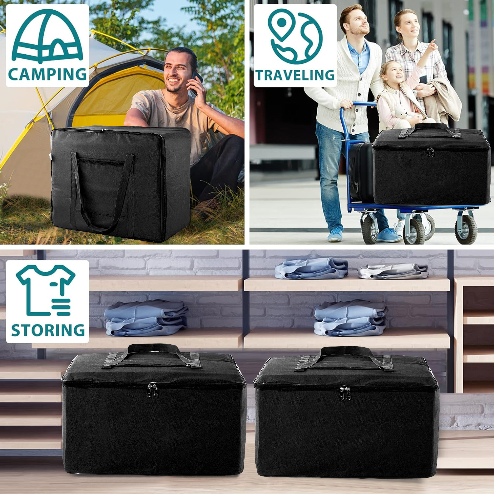 Kuber Industries Storage Bag  Clothes Storage Bag  Rexine Underbed Storage Bag  Wardrobe Organizer for Blanket-Comforters  Foldable Attachi Bag with Handle  Large  Black